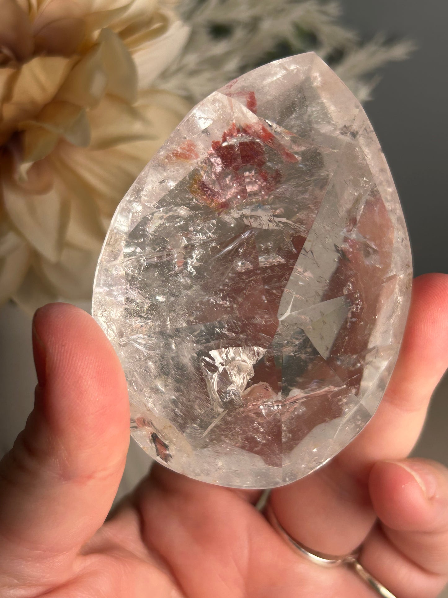 Faceted Clear Quartz Display Crystal on Custom Stand – Natural Quartz Piece - Iron “Butterfly” Inclusion