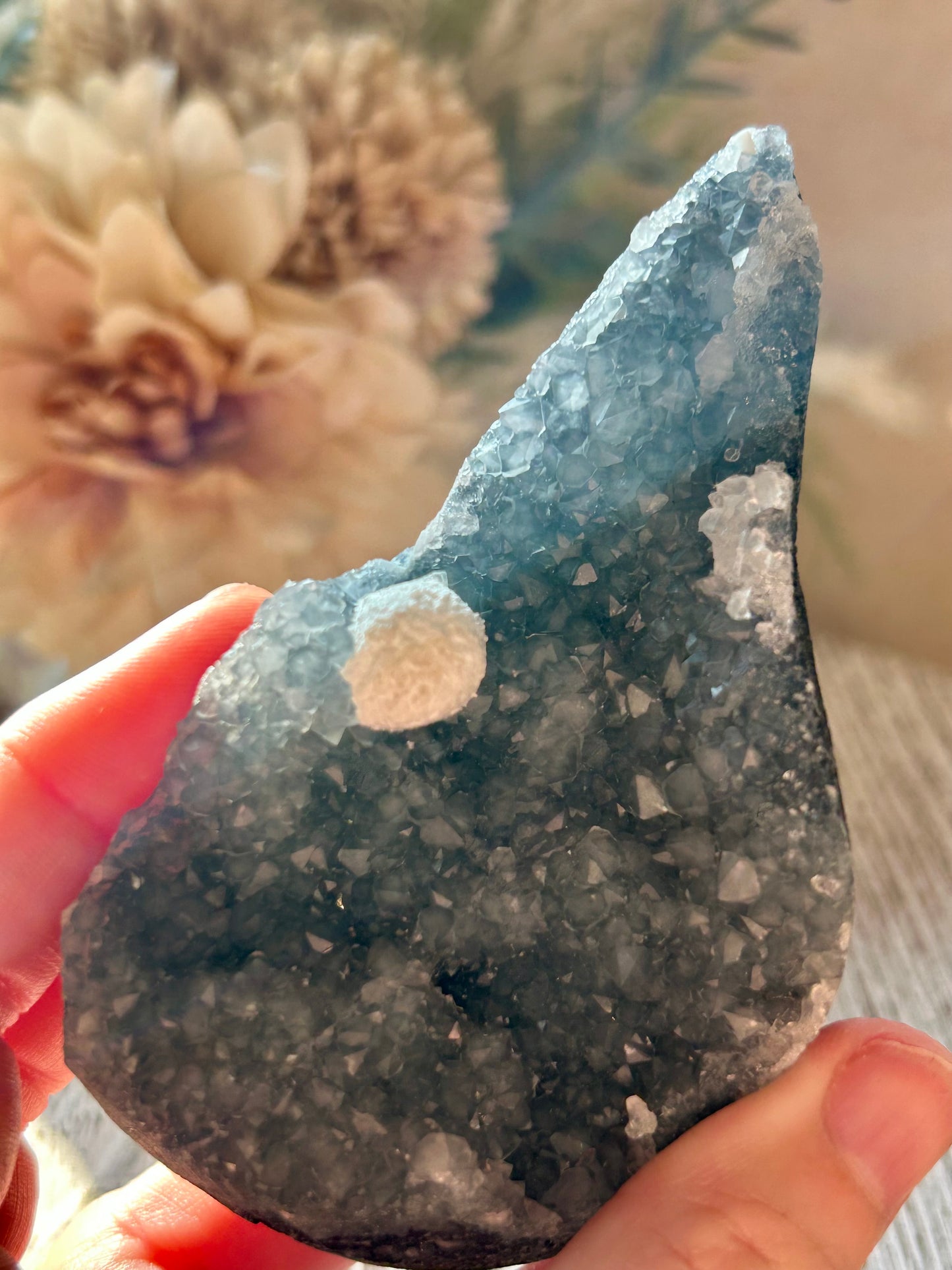 Natural Okenite on Grey Chalcedony with fibrous white formations and natural basalt matrix.