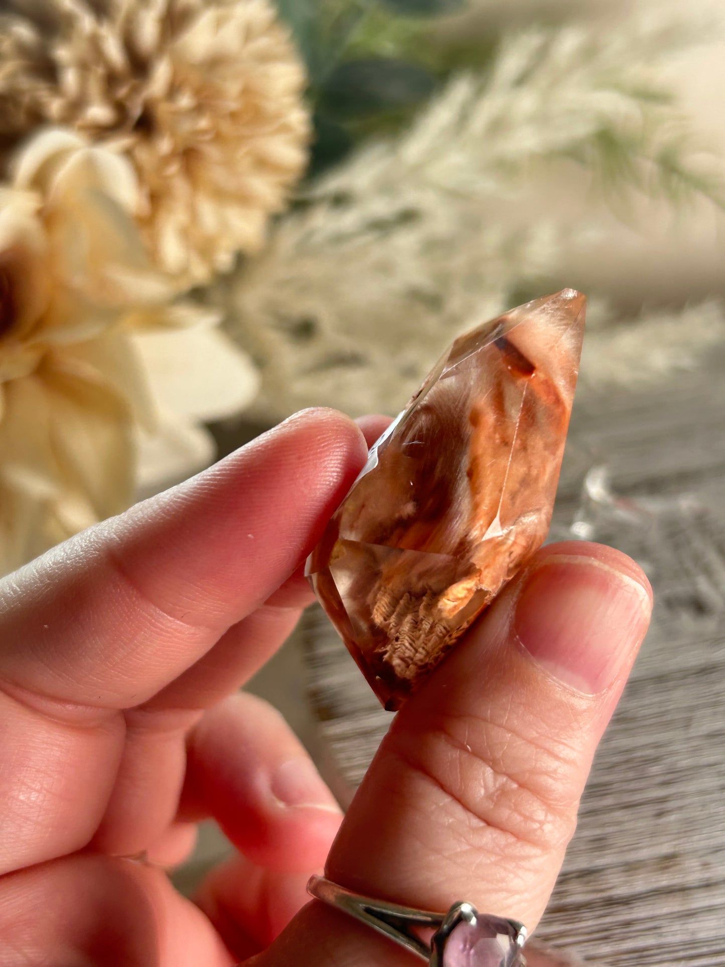 High Grade Amphibole Quartz Freeform – Orange Plume Inclusion - Stand Included
