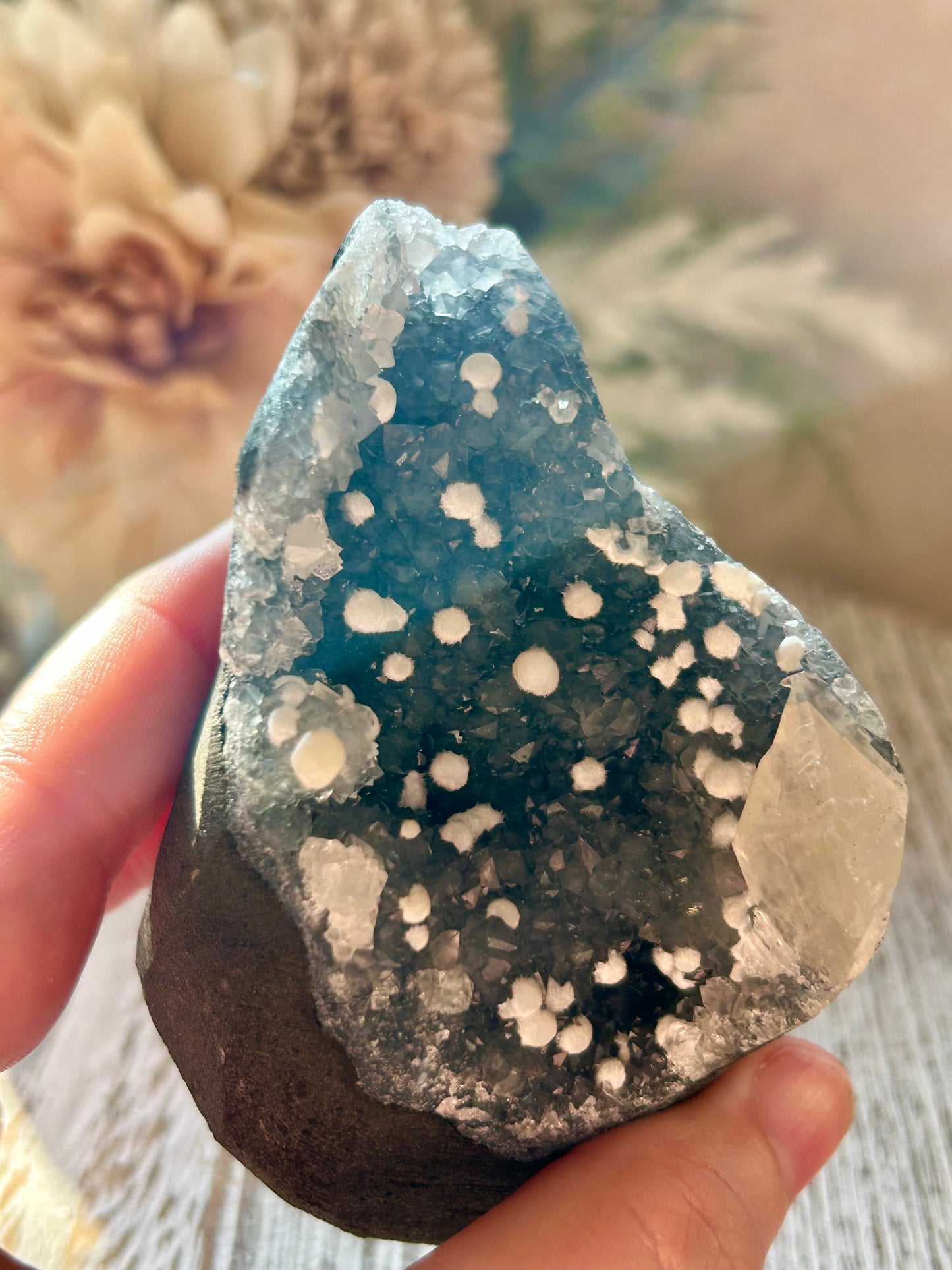 Natural Okenite on Grey Chalcedony with fibrous white formations and natural basalt matrix.
