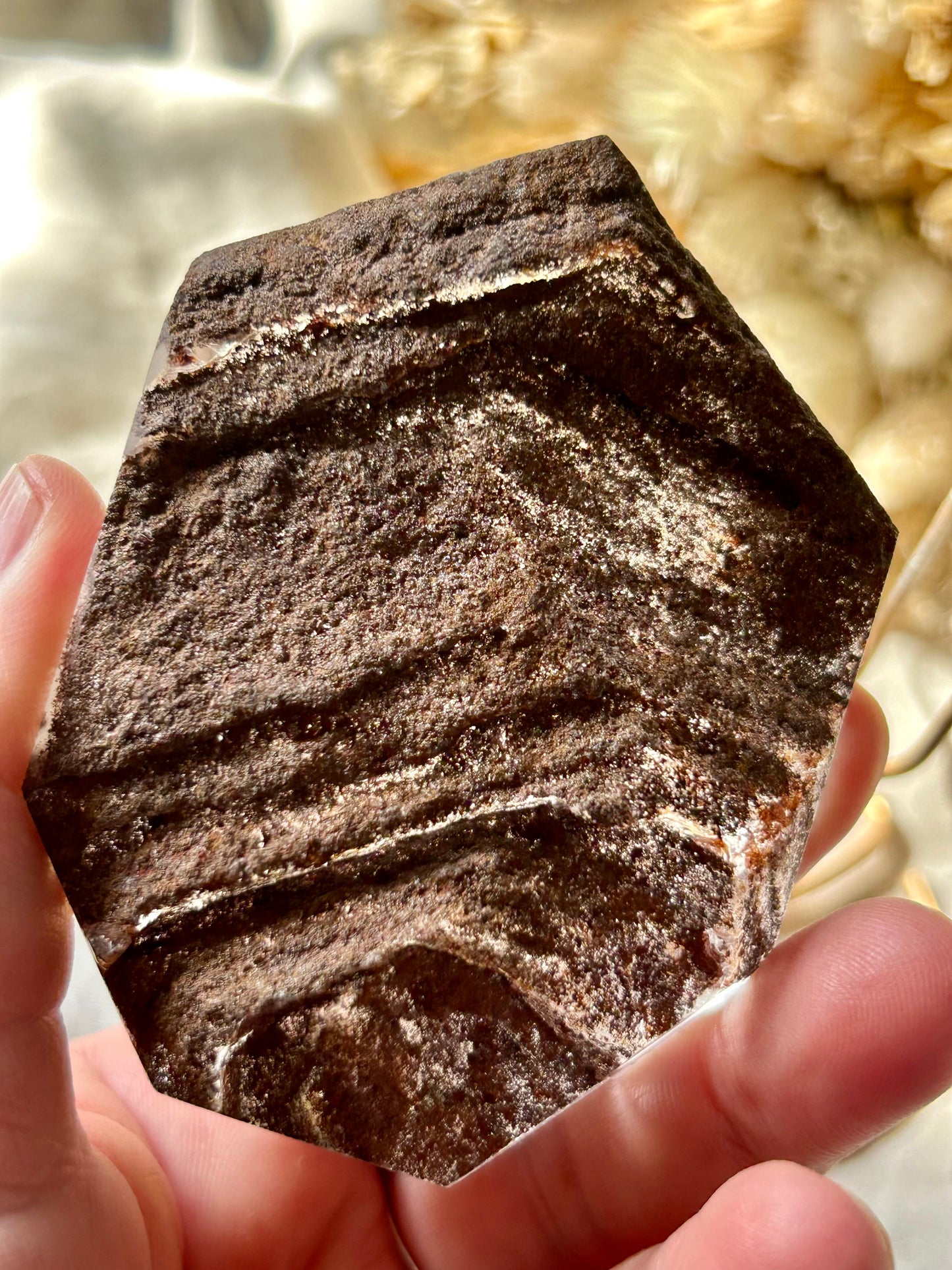 Large semi polished Lodolite on gold display stand
