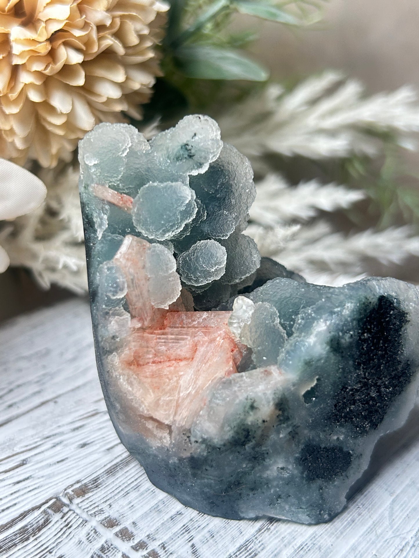 Stilbite on Chalcedony Cluster – Soft Peach Sheaves on Blue-Grey Matrix