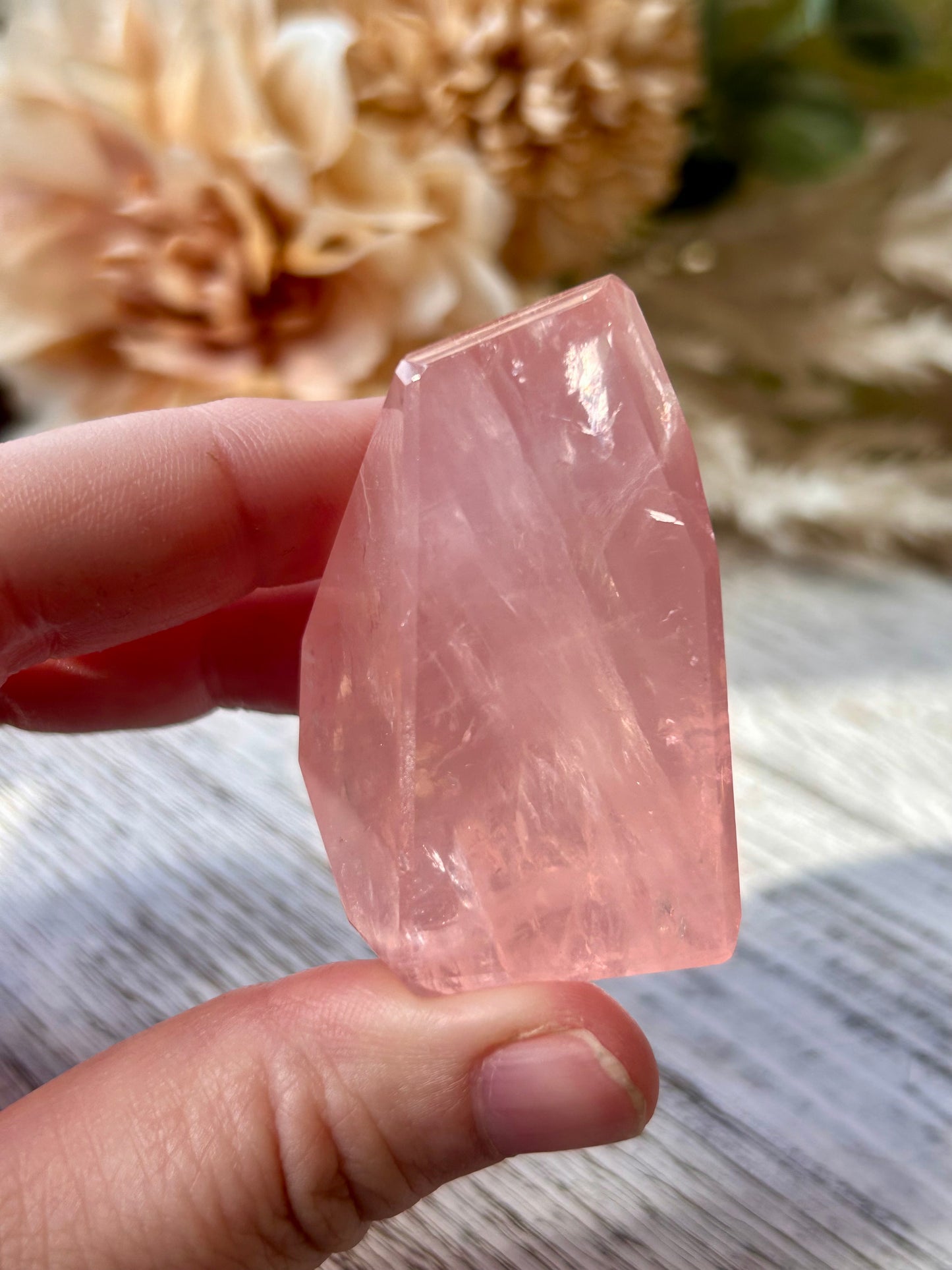 High grade Bubblegum Pink Rose Quartz freeform with vibrant natural pink colour and polished crystal finish.