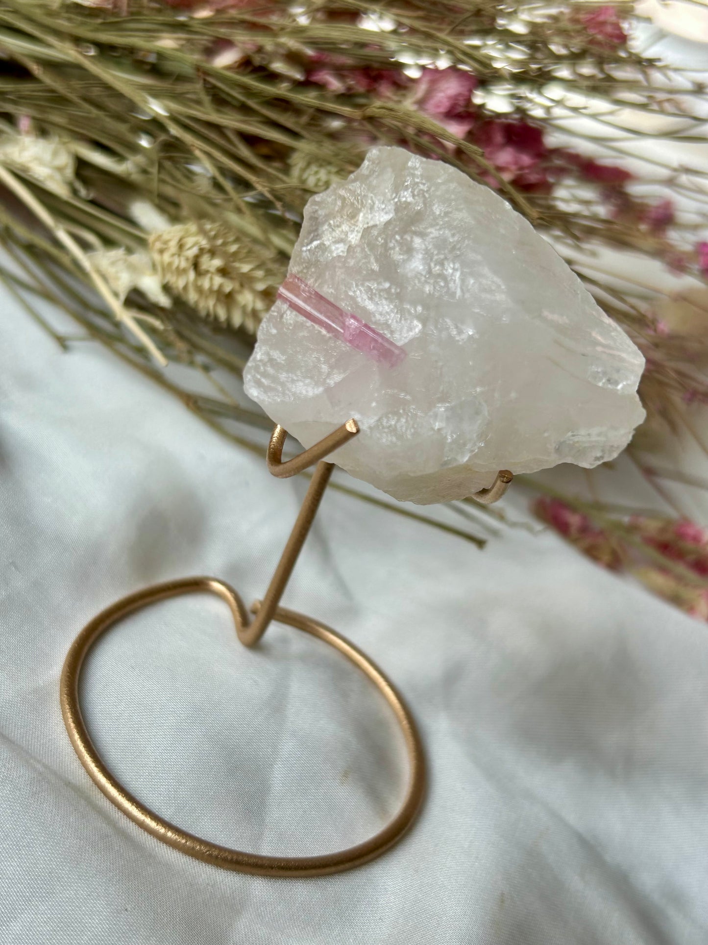 Pink Tourmaline in Quartz with gold stand
