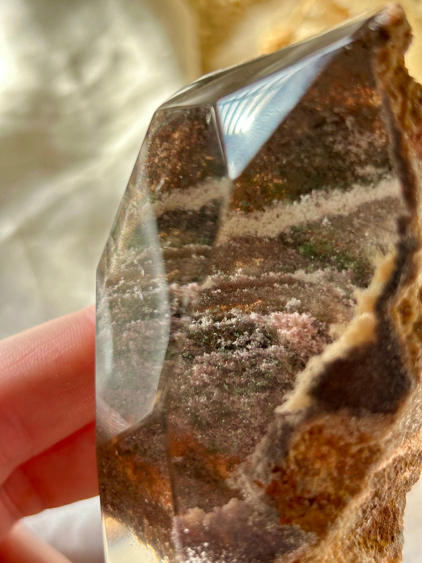 Large Lodolite semi polished Lodolite on gold display stand
