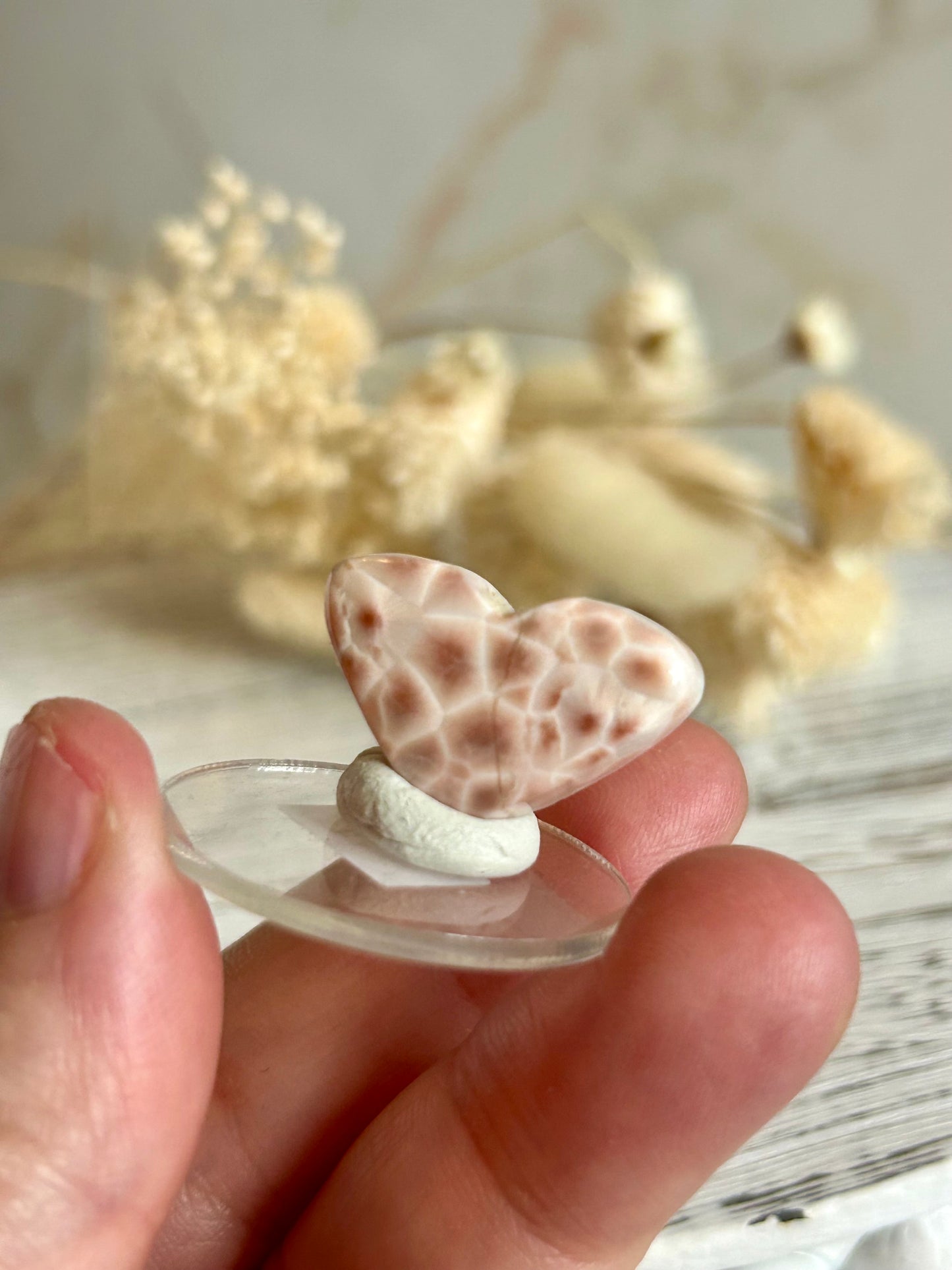 Polished Pink Natrolite Heart – Larimar-Style Zeolite Crystal