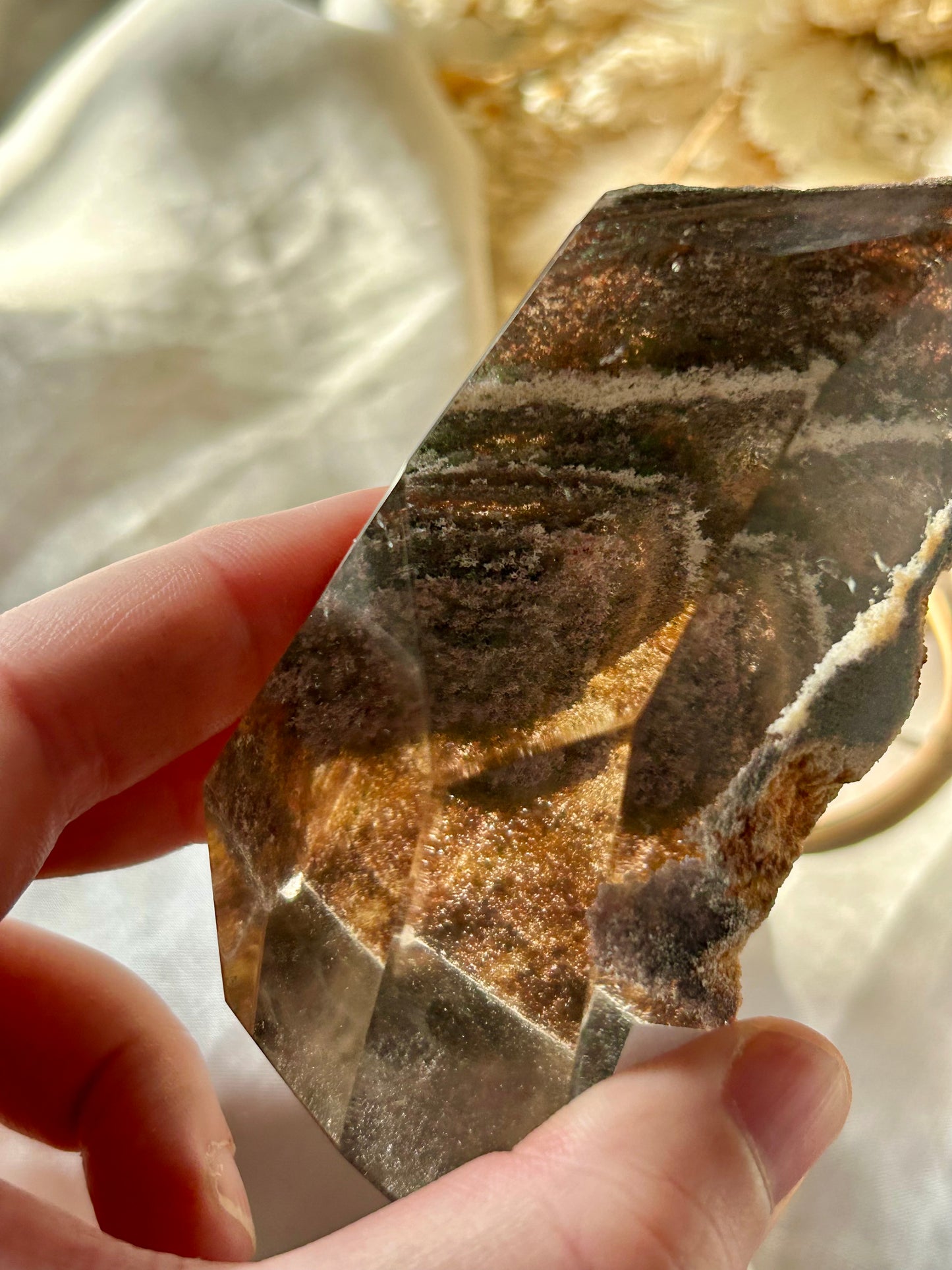 Large Lodolite semi polished Lodolite on gold display stand