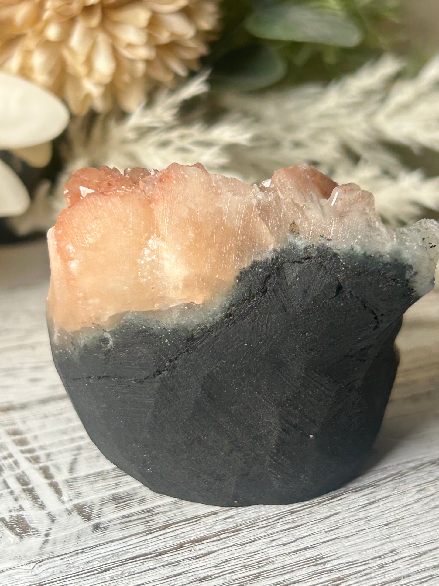 Stilbite on Chalcedony Cluster – Soft Peach Sheaves on Blue-Grey Matrix
