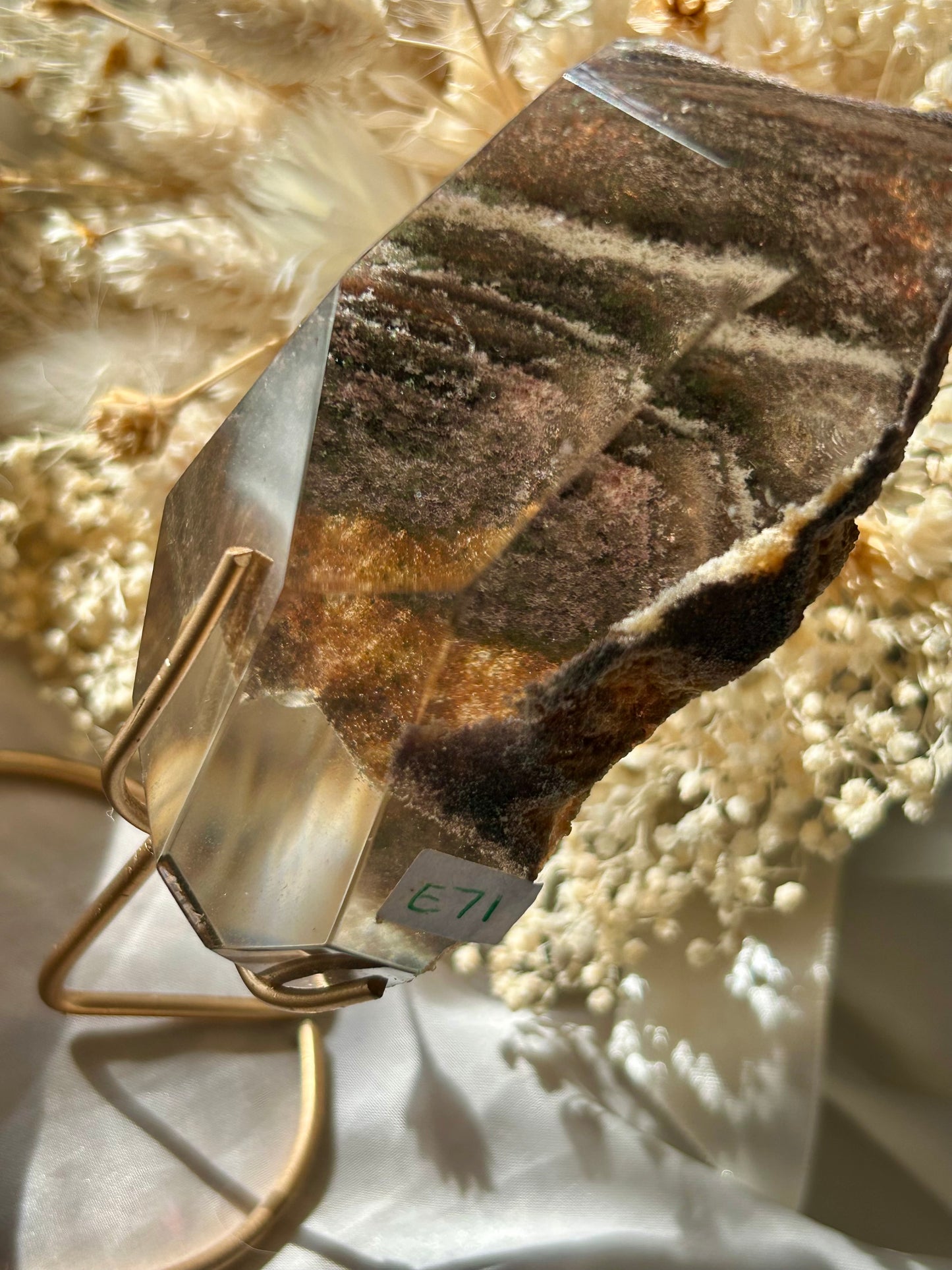 Large Lodolite semi polished Lodolite on gold display stand