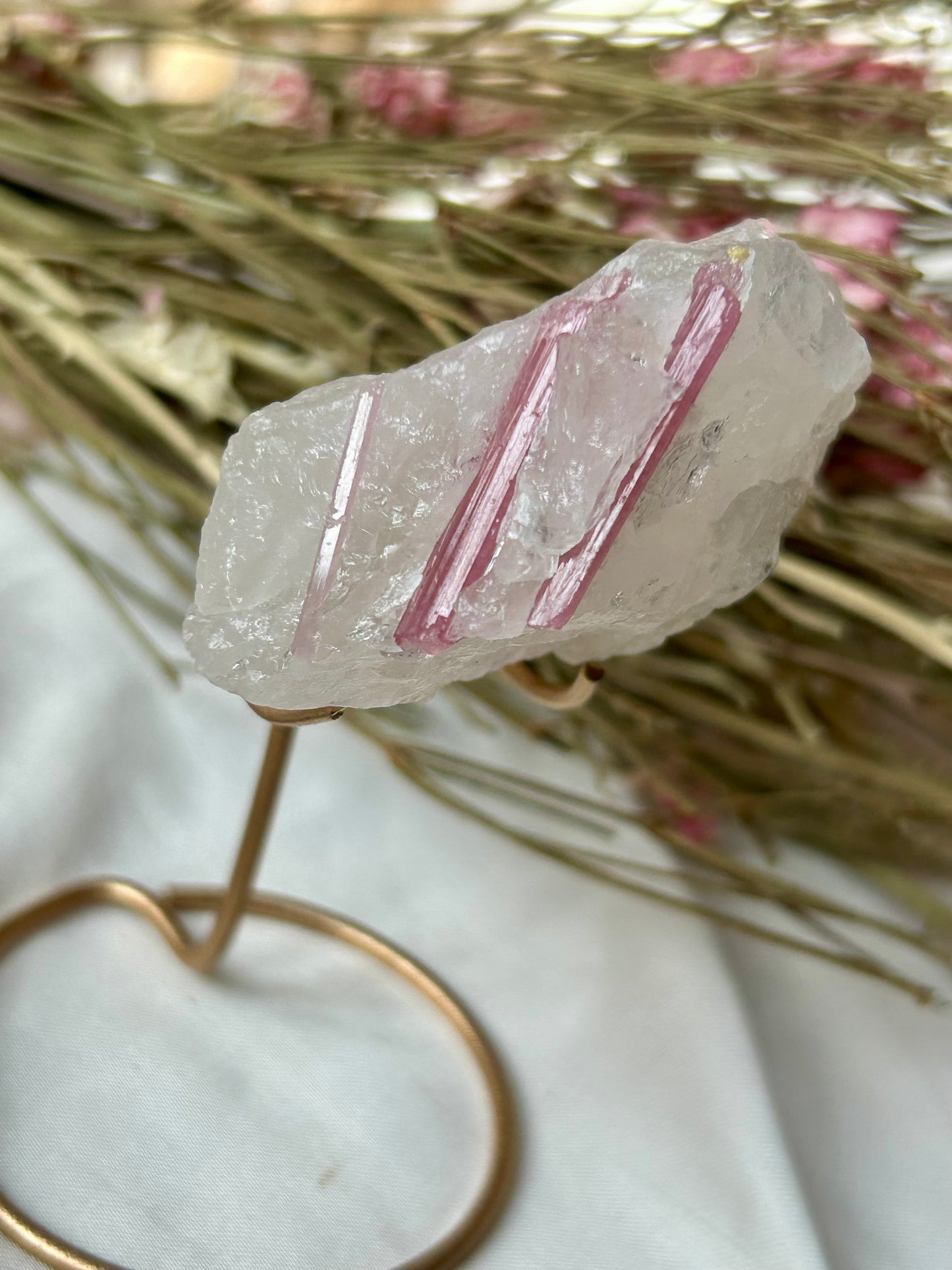 Pink Tourmaline in Quartz with gold stand