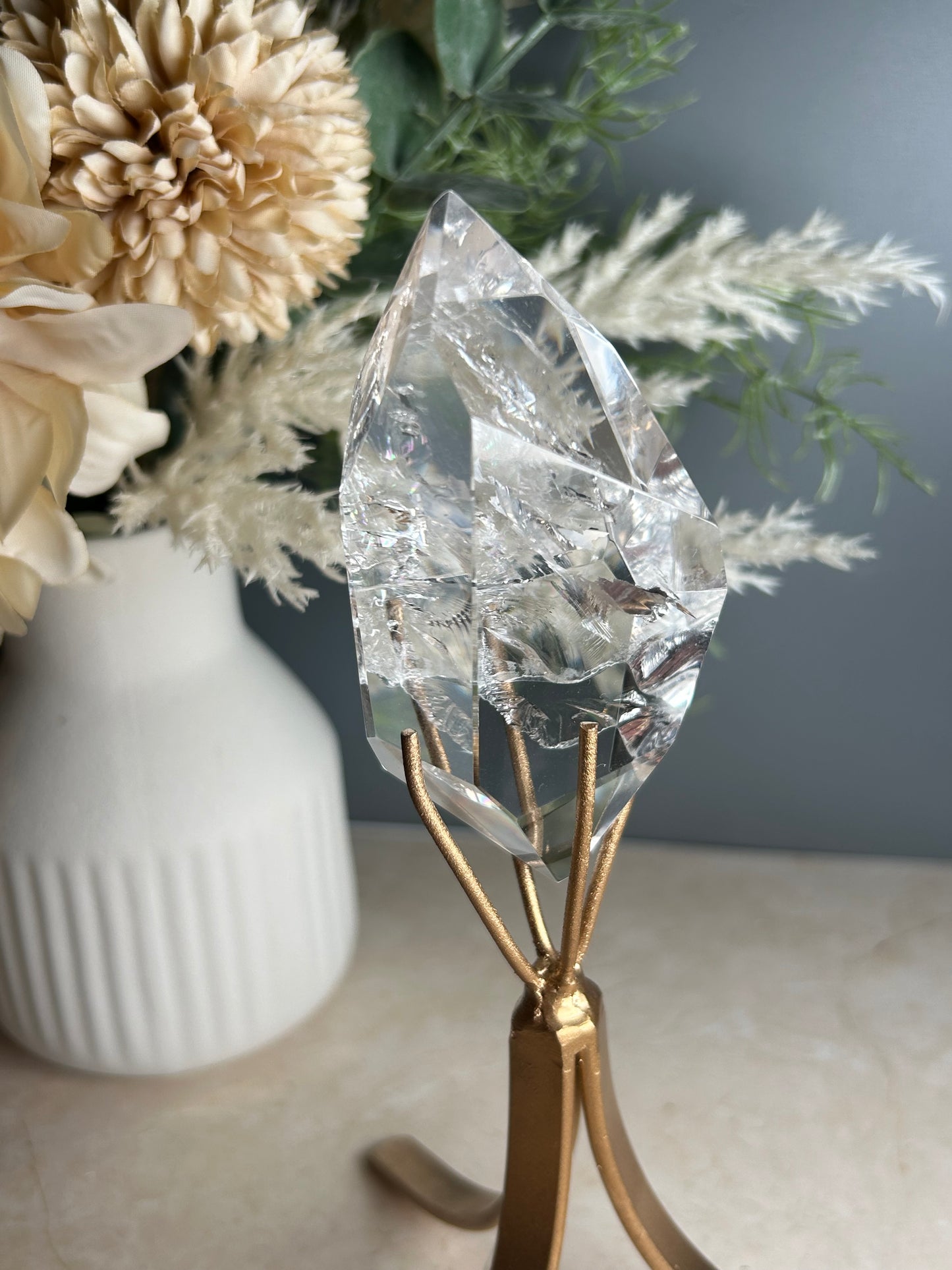 High Grade Polished Clear Quartz Freeform on Stand – Natural Quartz Display Crystal
