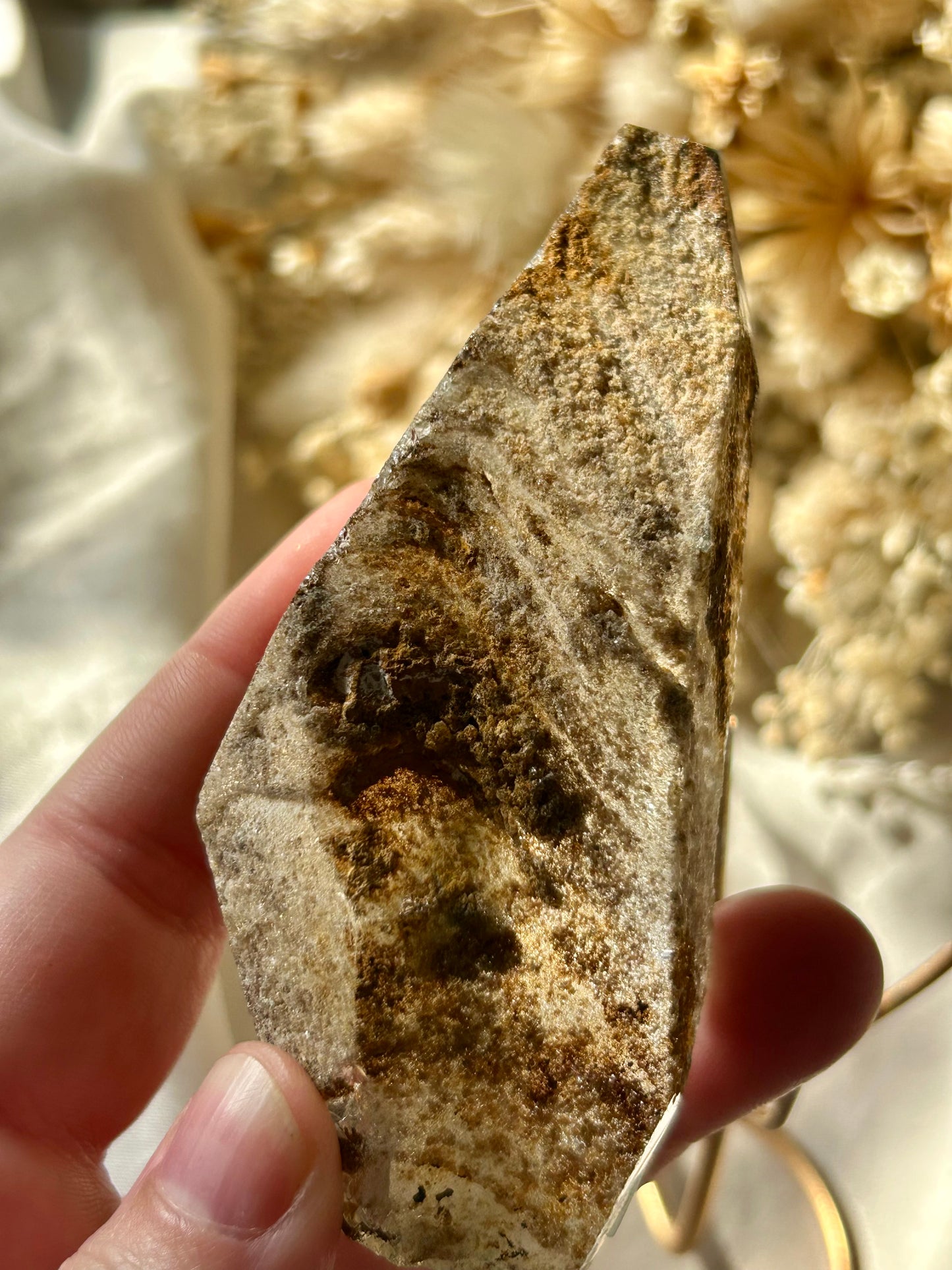 Large semi polished colourful Lodolite on gold display stand