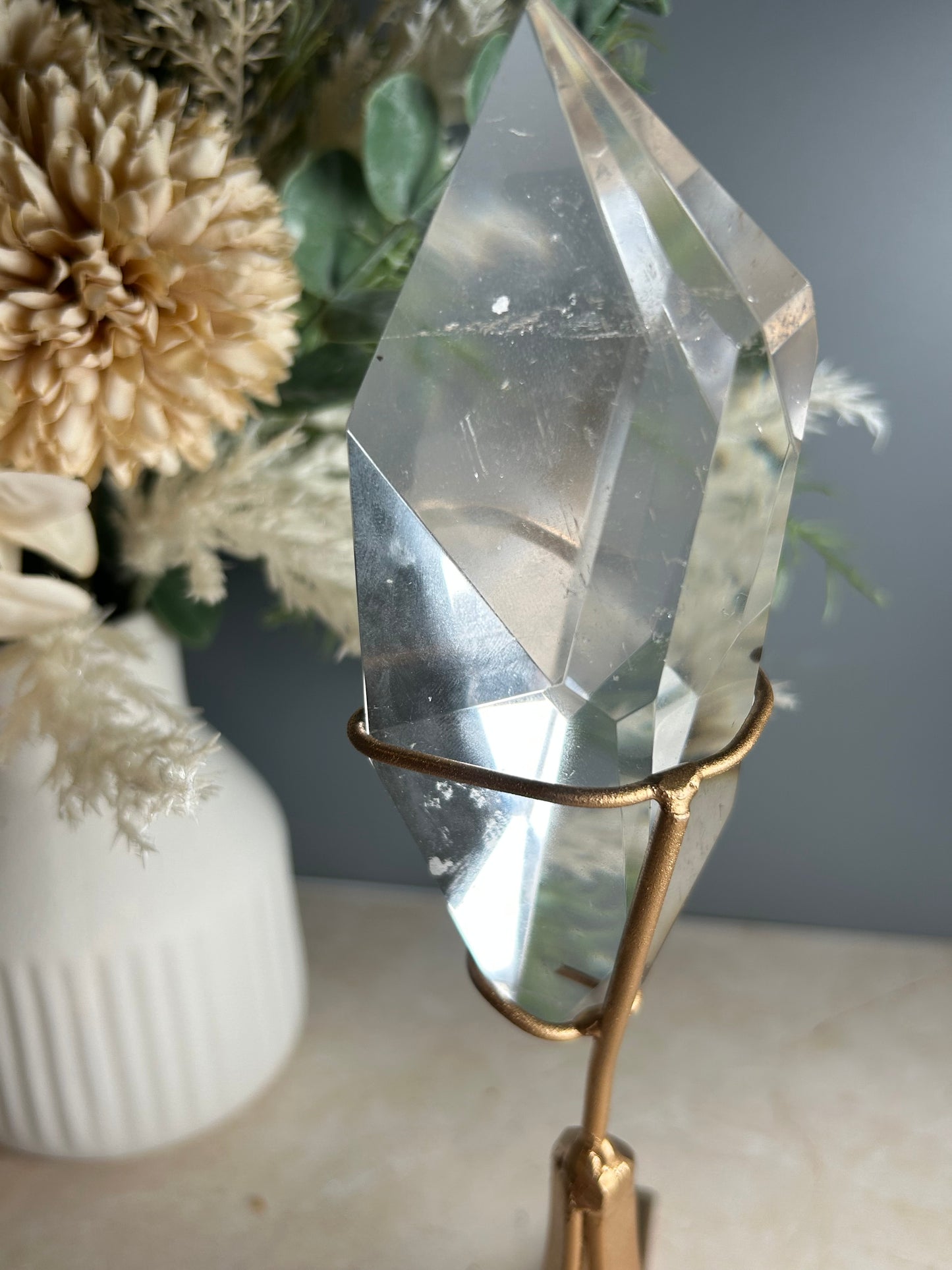 High Grade Polished Clear Quartz Freeform on Stand – Natural Quartz Display Crystal