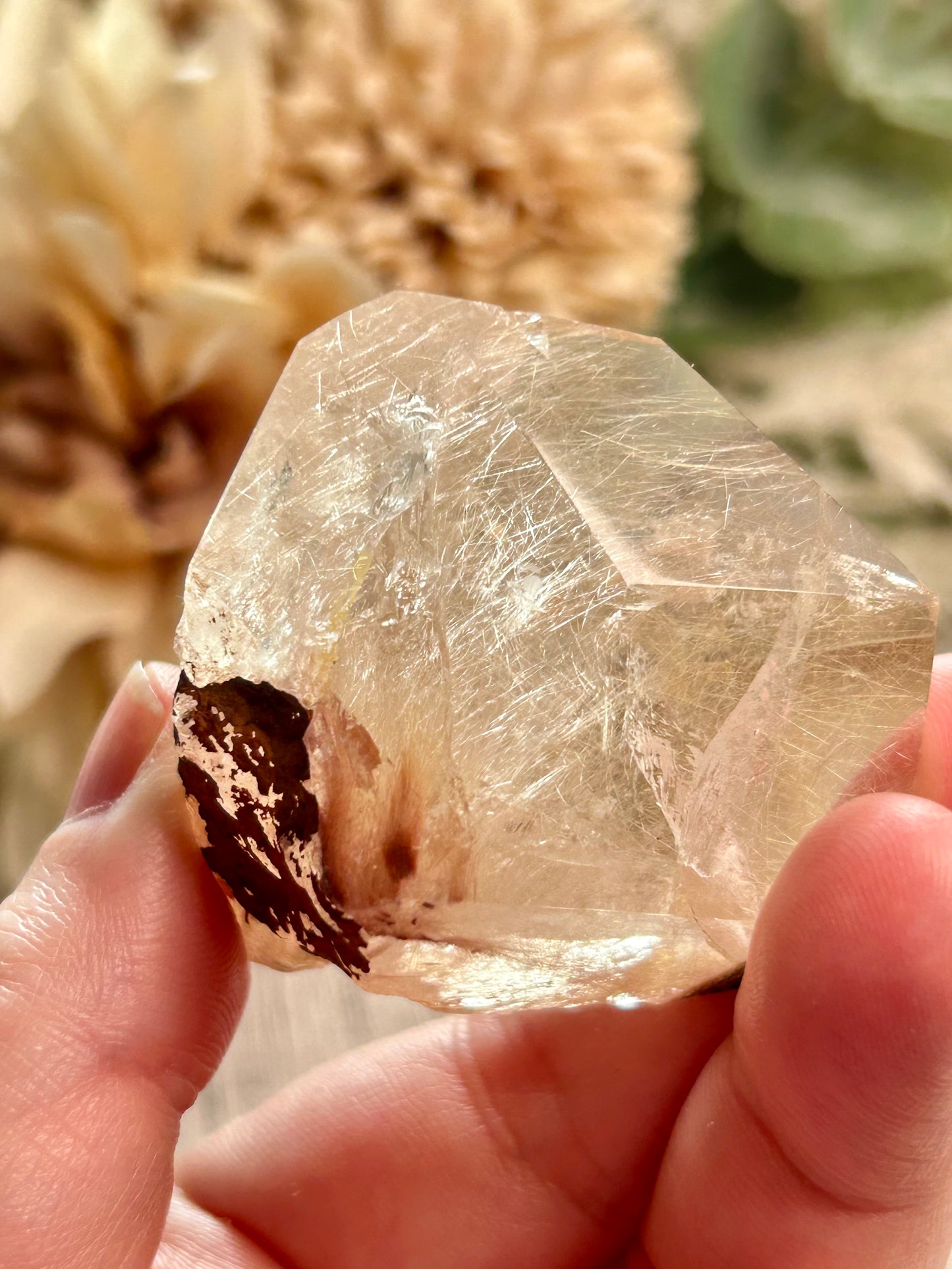 Clear crystal held in a hand with a blurred natural background