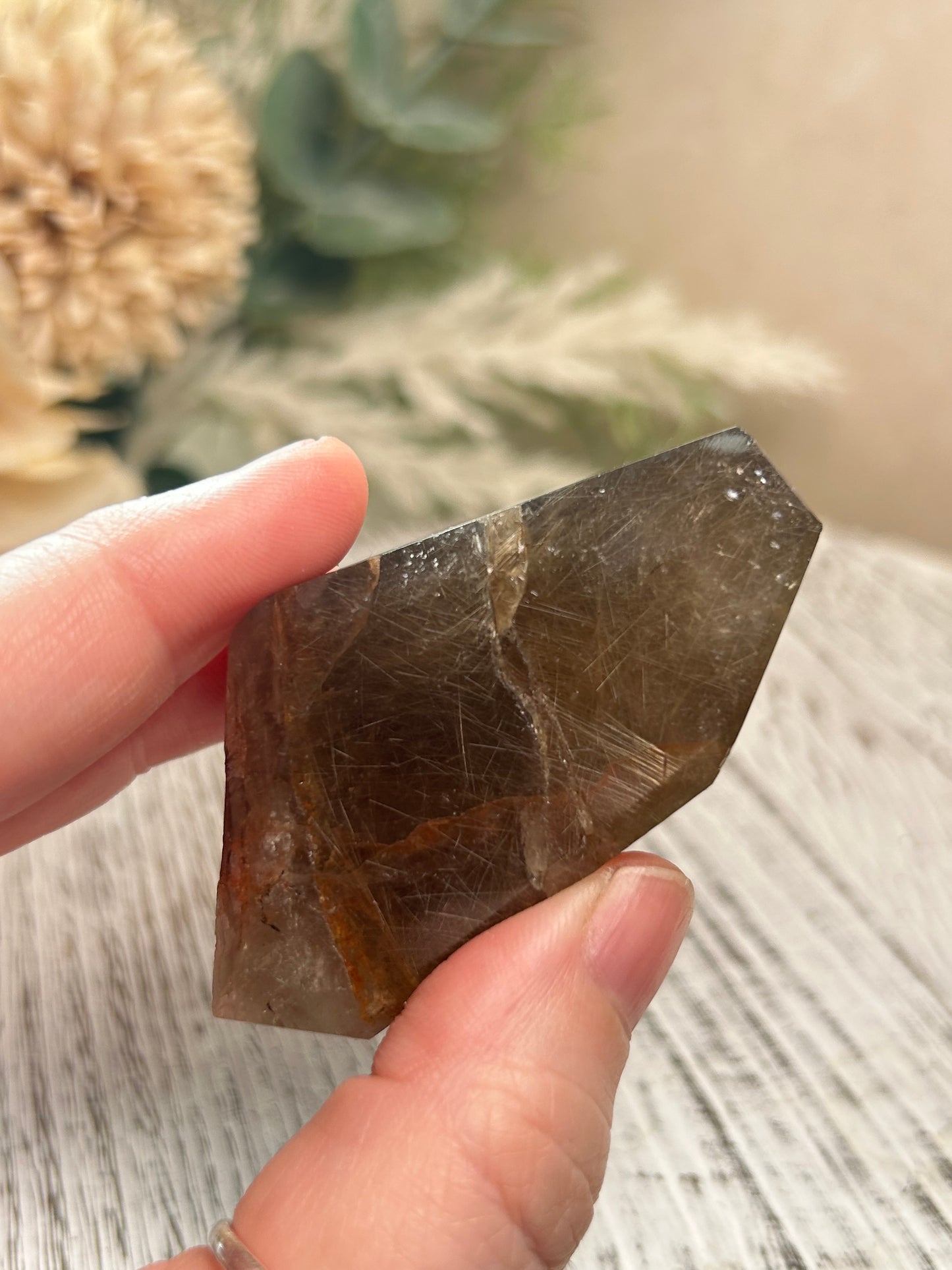 Hand holding a brown crystal with a blurred natural background