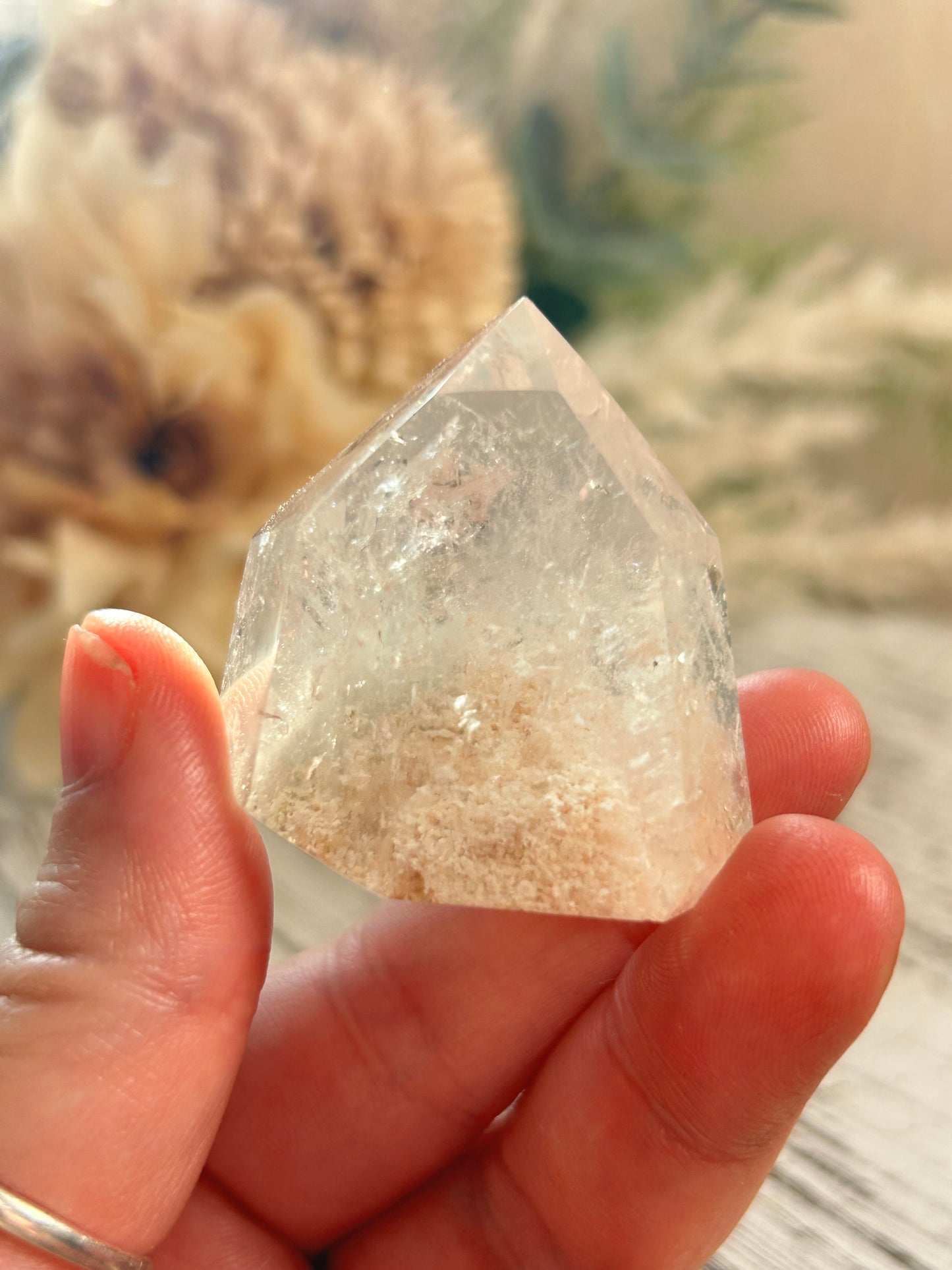 Hand holding a clear crystal with a blurred natural background
