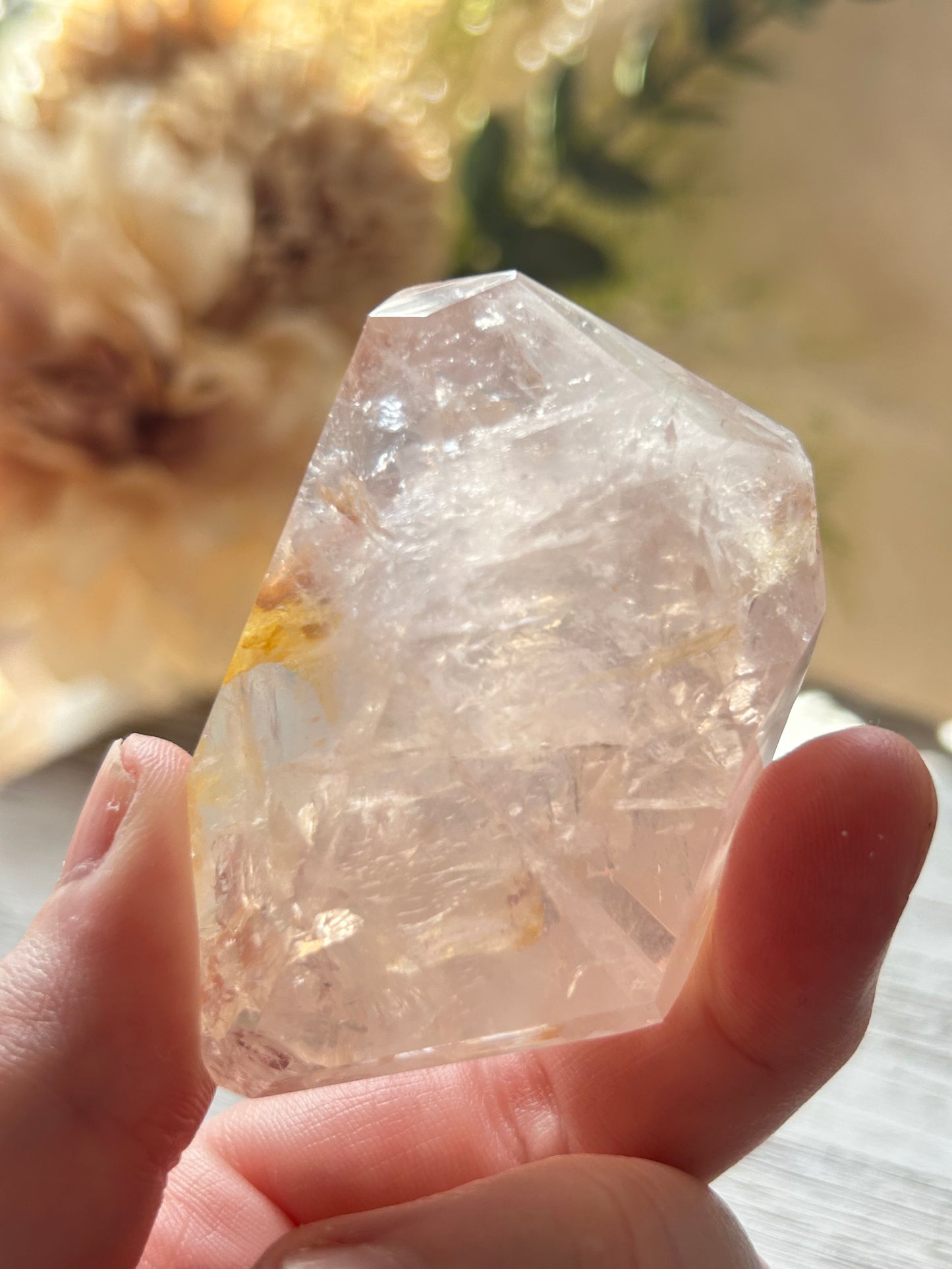Beautiful polished Rose Quartz with calming blush tones, natural clarity, and glossy crystal finish.