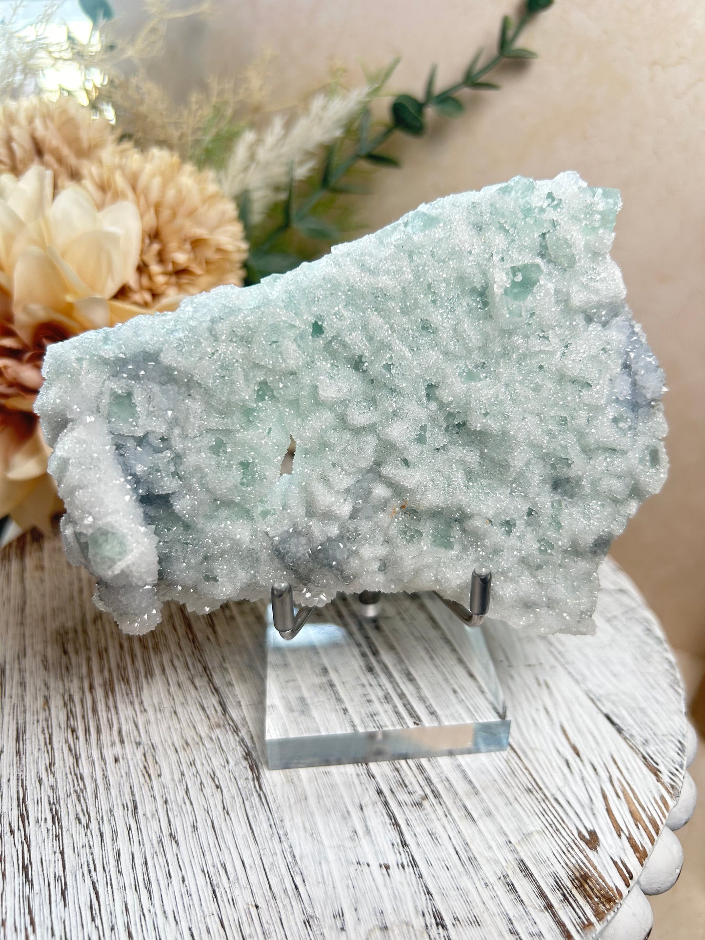 Green Sugar Fluorite cluster with sparkling druzy crystal texture, natural raw formation, and soft mint green tones.