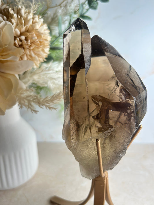 Semi-Polished Smoky Quartz Crystal on Stand – Natural Smoky Quartz Point Display Piece