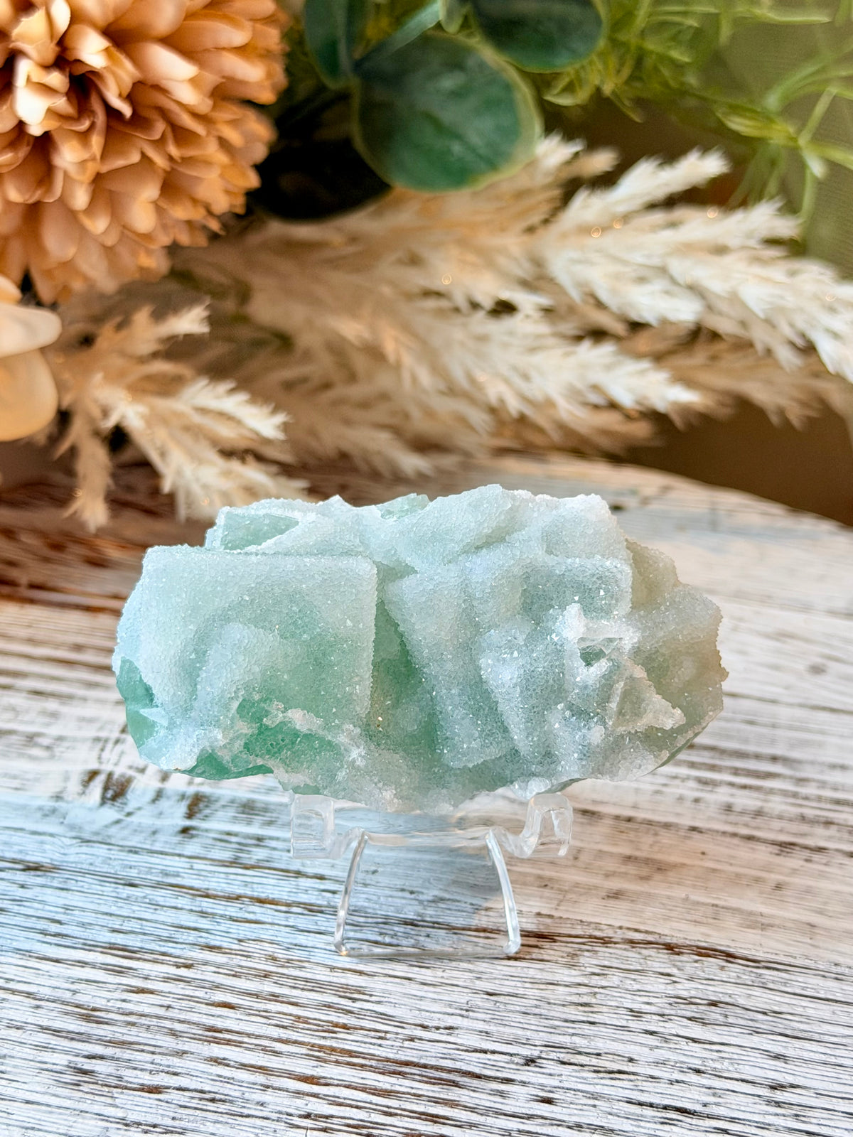 Green Sugar Fluorite Cluster - Stand Included