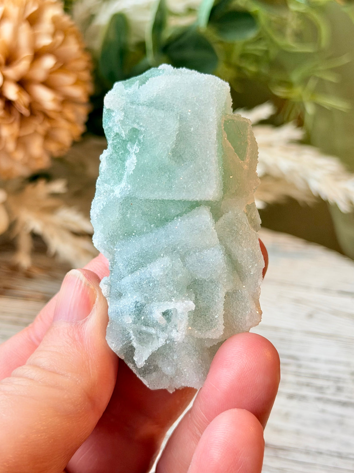 Green Sugar Fluorite Cluster - Stand Included