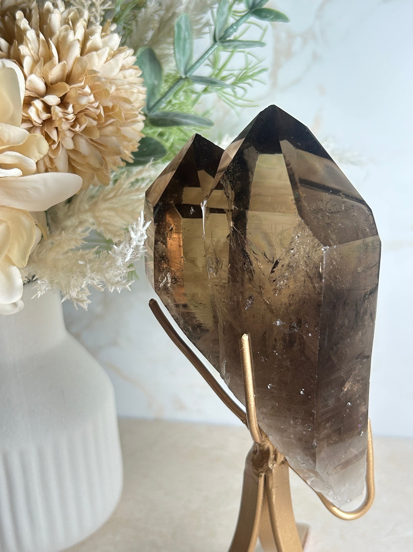 Semi-Polished Smoky Quartz Crystal on Stand – Natural Smoky Quartz Point Display Piece