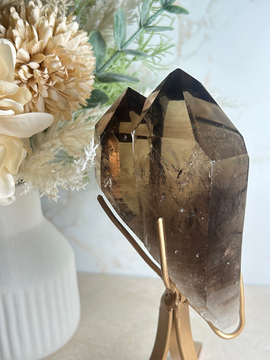 Semi-Polished Smoky Quartz Crystal on Stand – Natural Smoky Quartz Point Display Piece