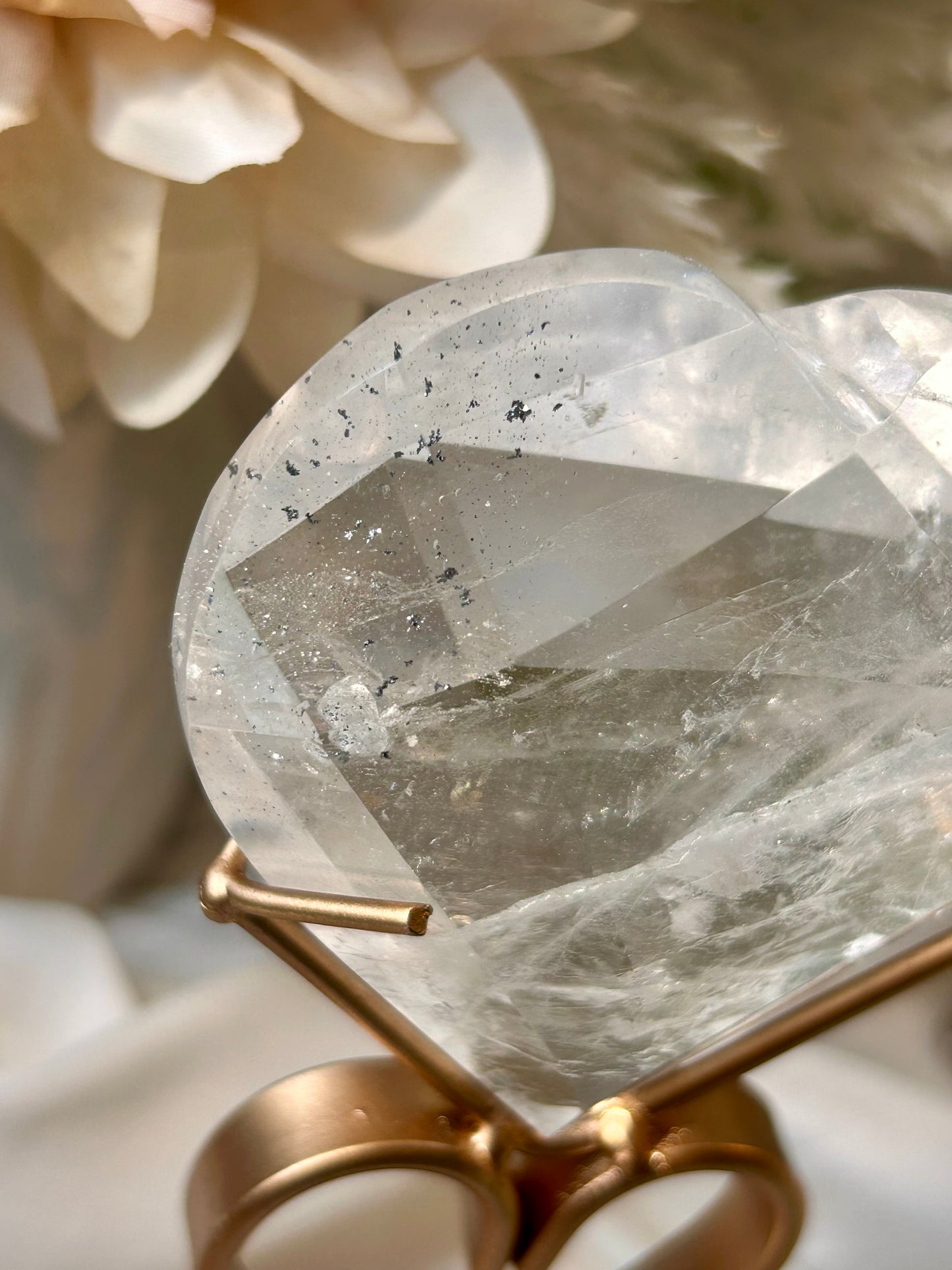 Faceted Clear Quartz Display Crystal on Custom Stand – Natural Quartz Piece - Hematite Inclusions