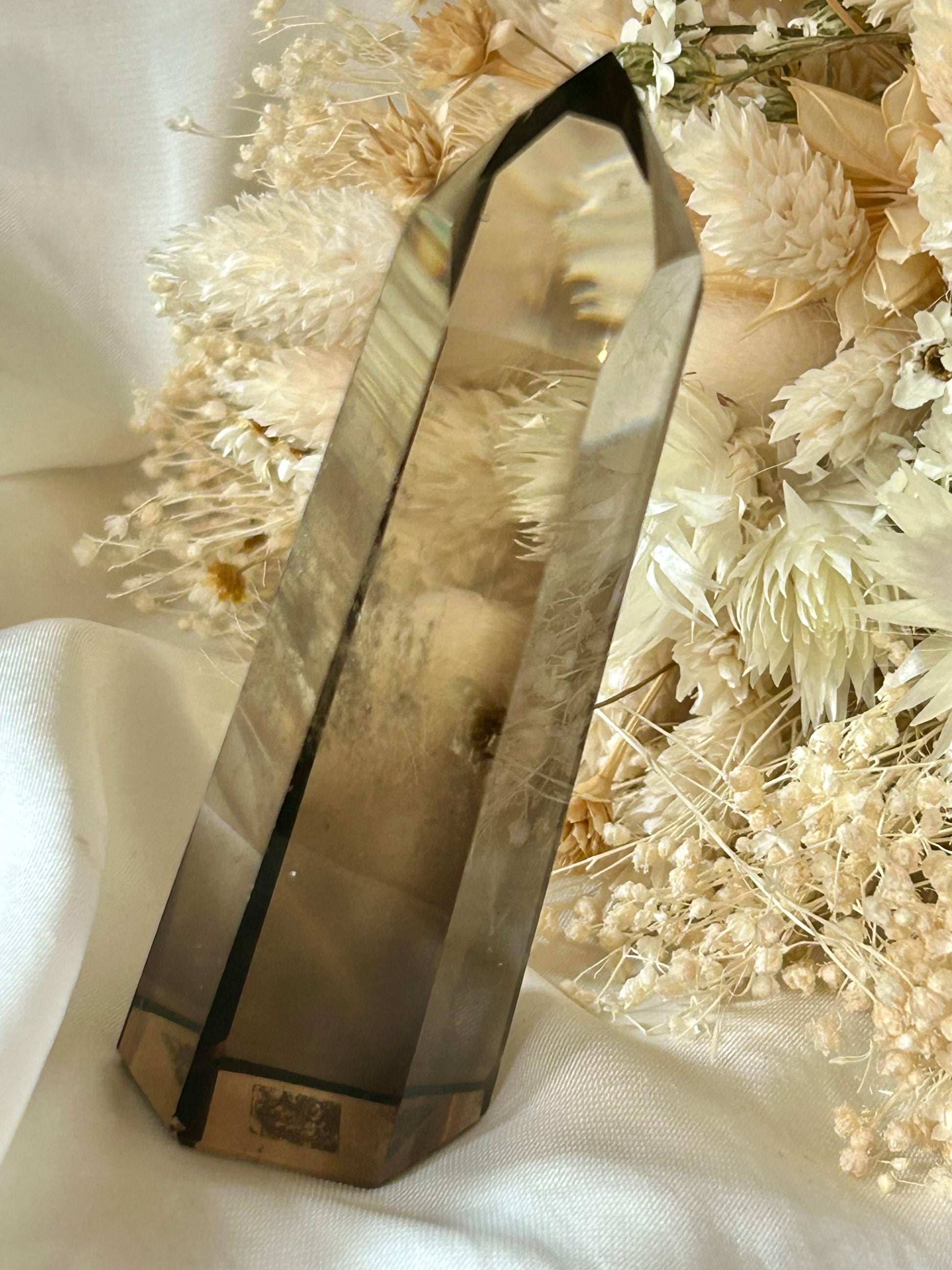 Smokey Quartz crystal with warm brown tones and soft clarity, standing upright on neutral background
