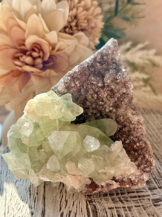 Green Apophyllite on Red Chalcedony cluster with sparkling green crystals and natural red mineral matrix.