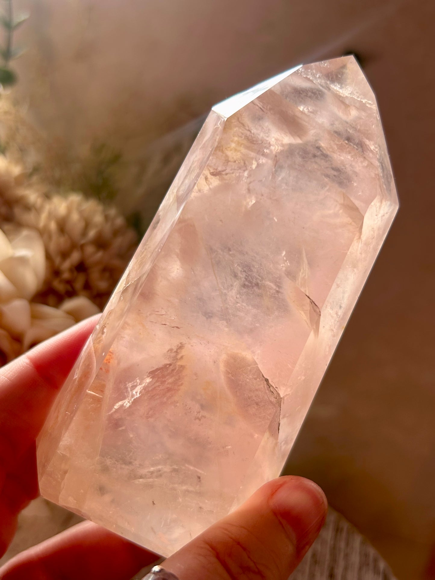 Pink crystal held by a hand with a natural background
