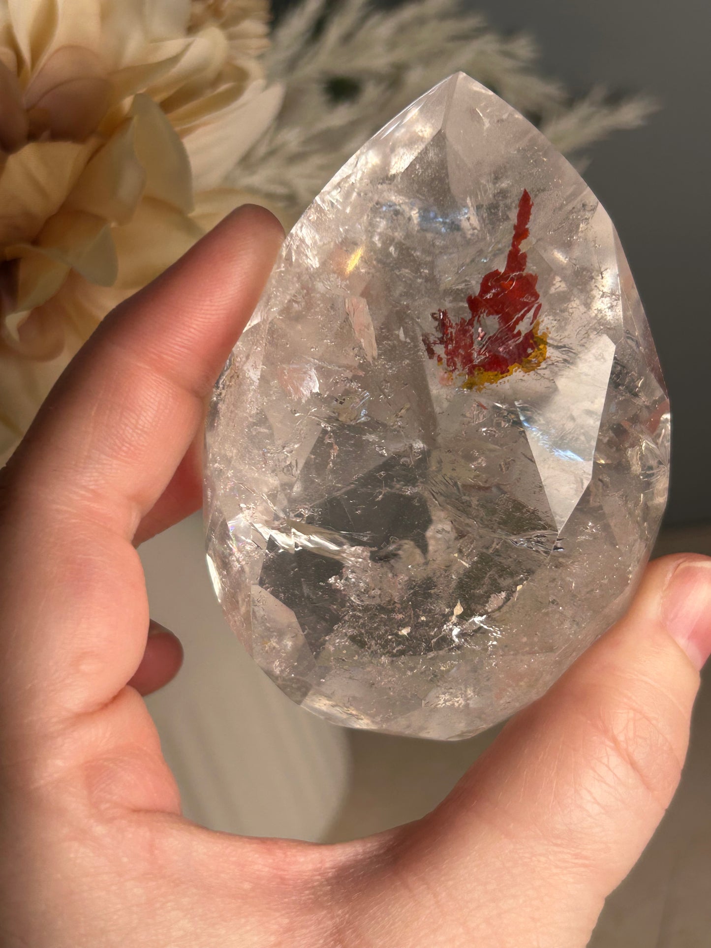 Faceted Clear Quartz Display Crystal on Custom Stand – Natural Quartz Piece - Iron “Butterfly” Inclusion