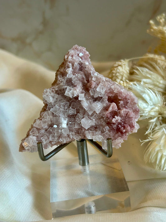 Natural Pink Halite crystal specimen with soft pink tones and delicate mineral formation