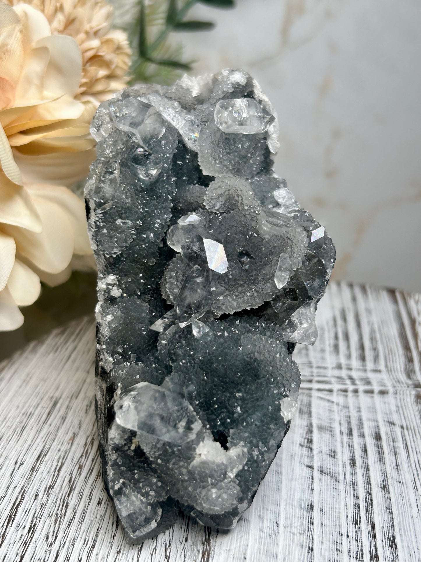 Self-standing apophyllite crystal cluster on shimmering grey chalcedony matrix from India