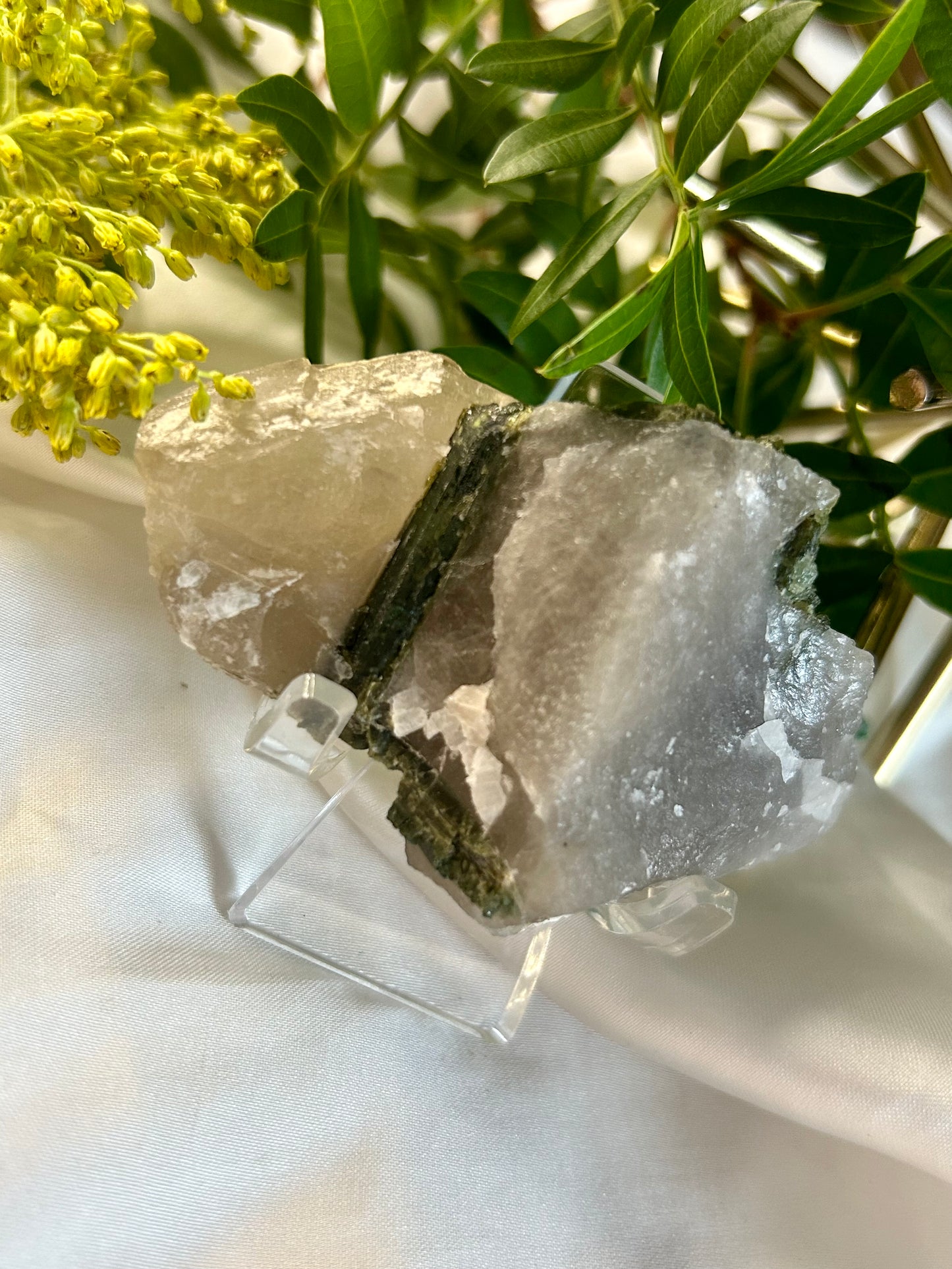 Green Tourmaline on Quartz Matrix