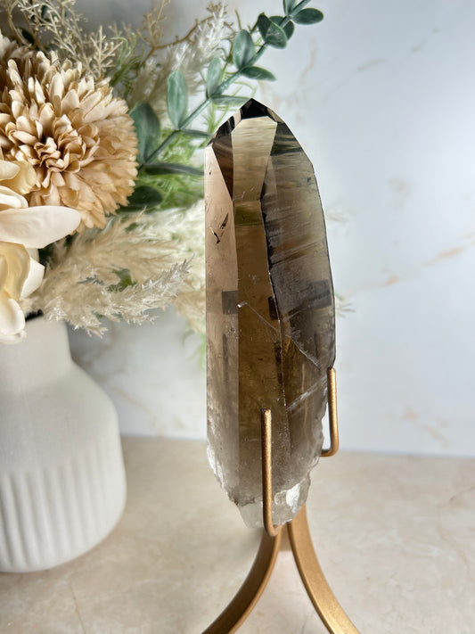 Semi-Polished Smoky Quartz Crystal on Stand – Natural Smoky Quartz Point Display Piece
