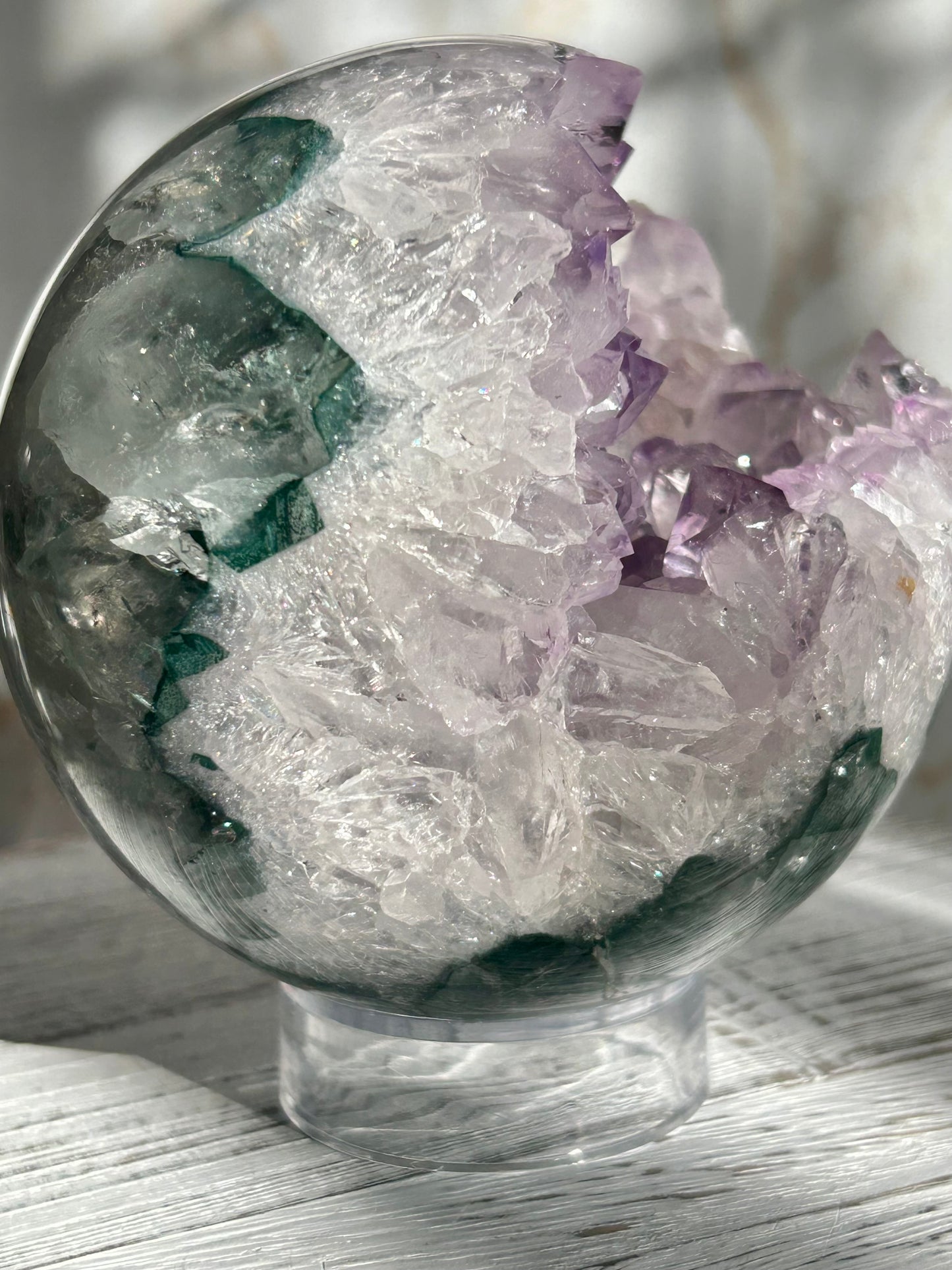 Amethyst Sphere with Natural Green Inclusions – Radiant Clarity & Earth Energy