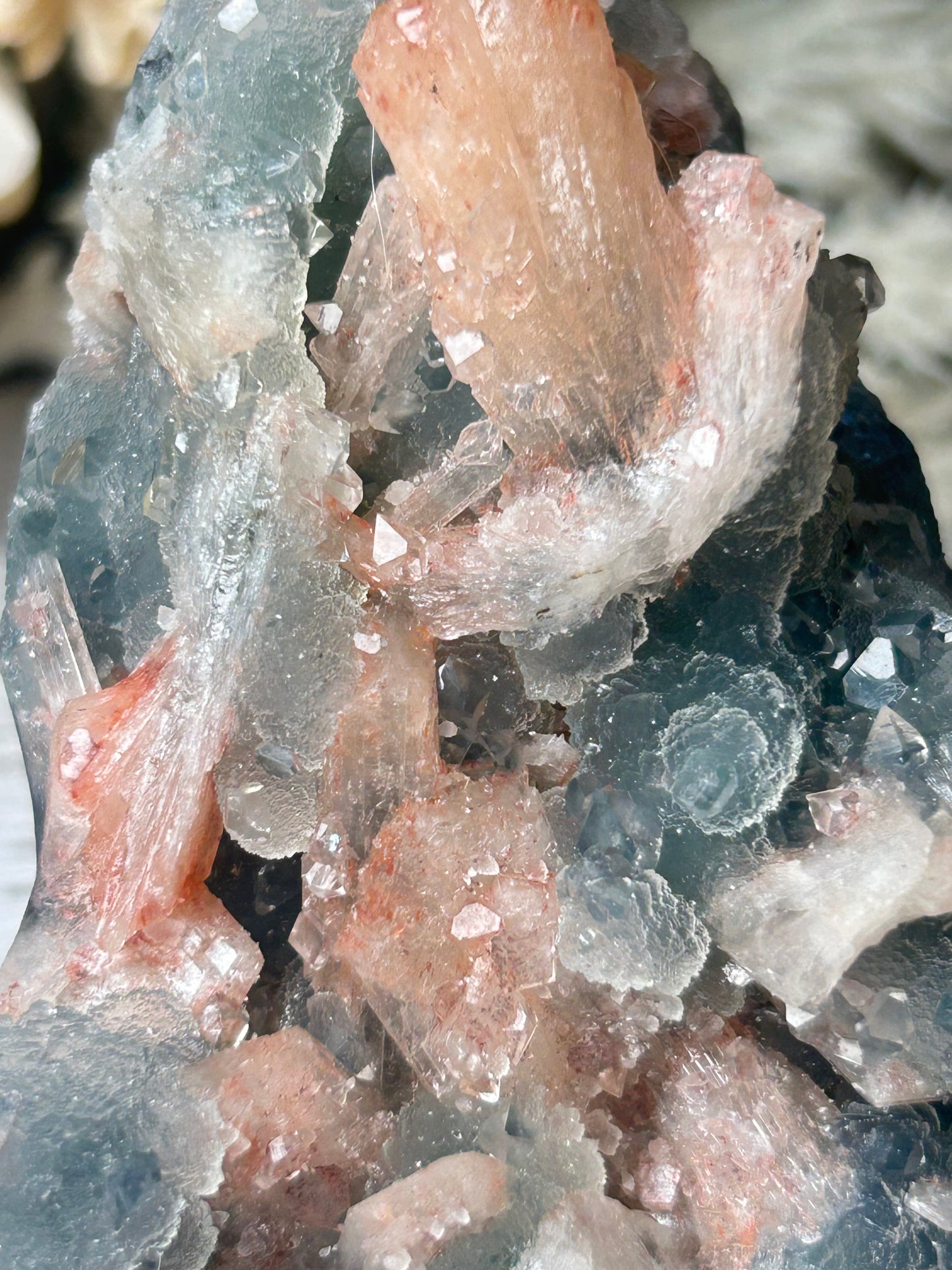 Stilbite on Chalcedony Cluster – Soft Peach Sheaves on Blue-Grey Matrix