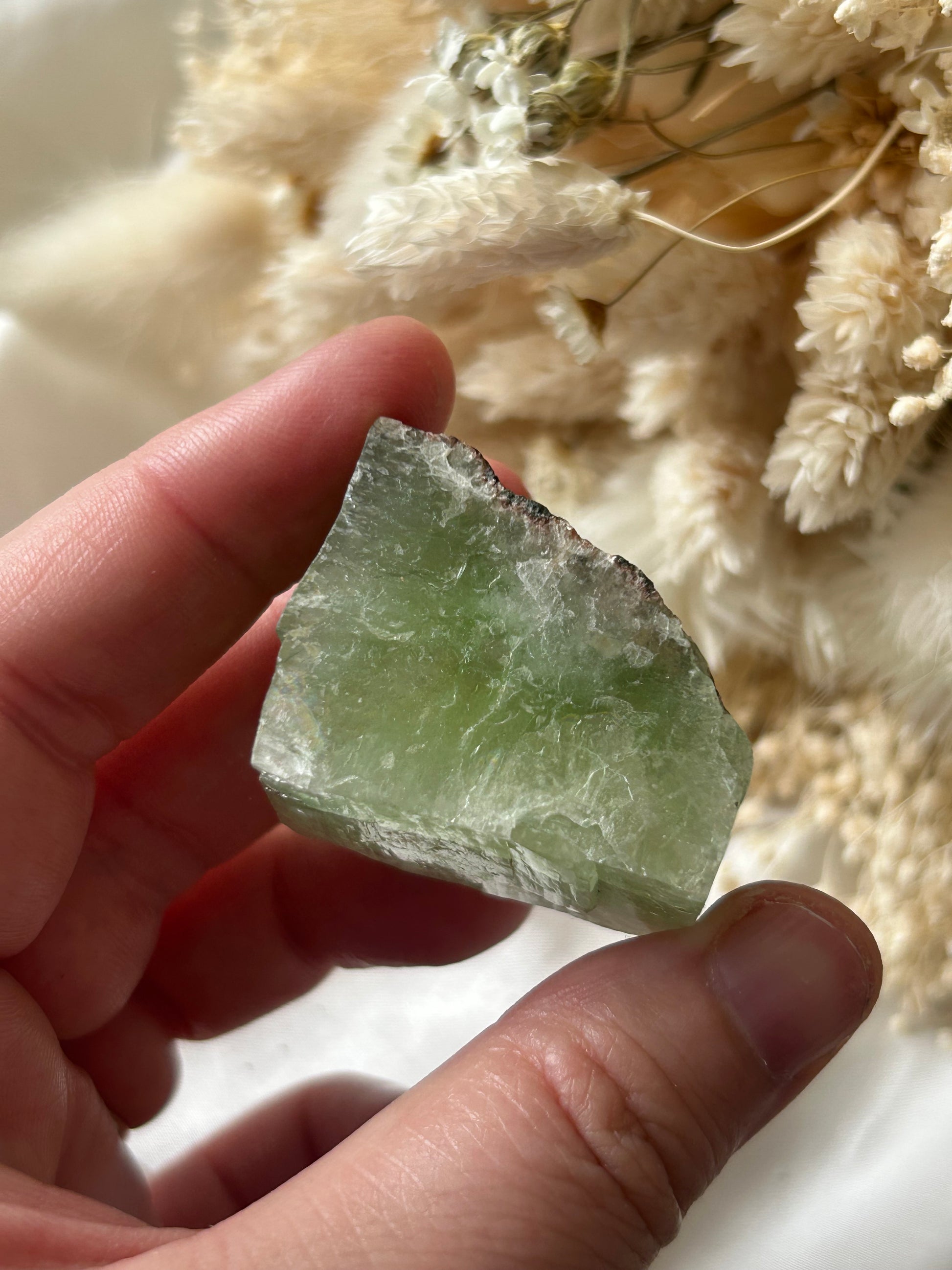 Green Apophyllite Cube, displayed on ivory silk with soft dried flowers in the background.