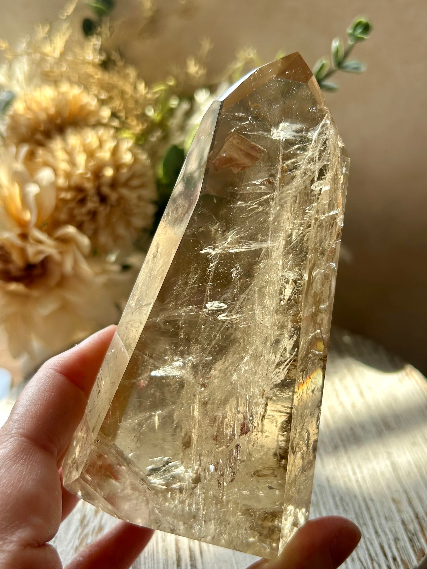 Large Citrine Tower – Golden  Point with Wispy Inclusions - Rainbow Inclusion