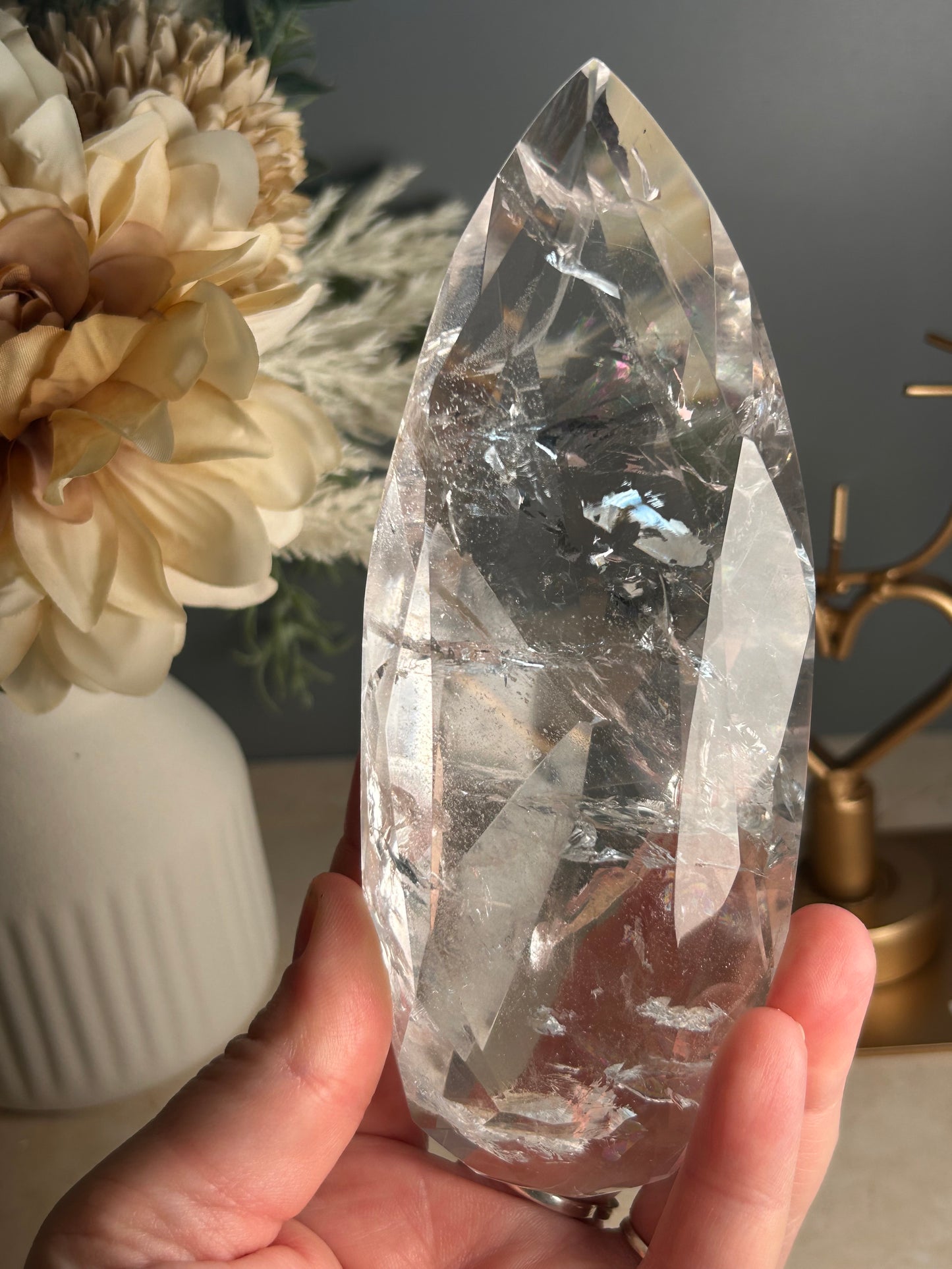 Faceted Clear Quartz Display Crystal on Custom Spinning Stand – Natural Quartz Statement Piece