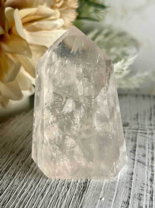 Icy Pink Girasol Quartz Tower – Polished Semi-Translucent Crystal Point