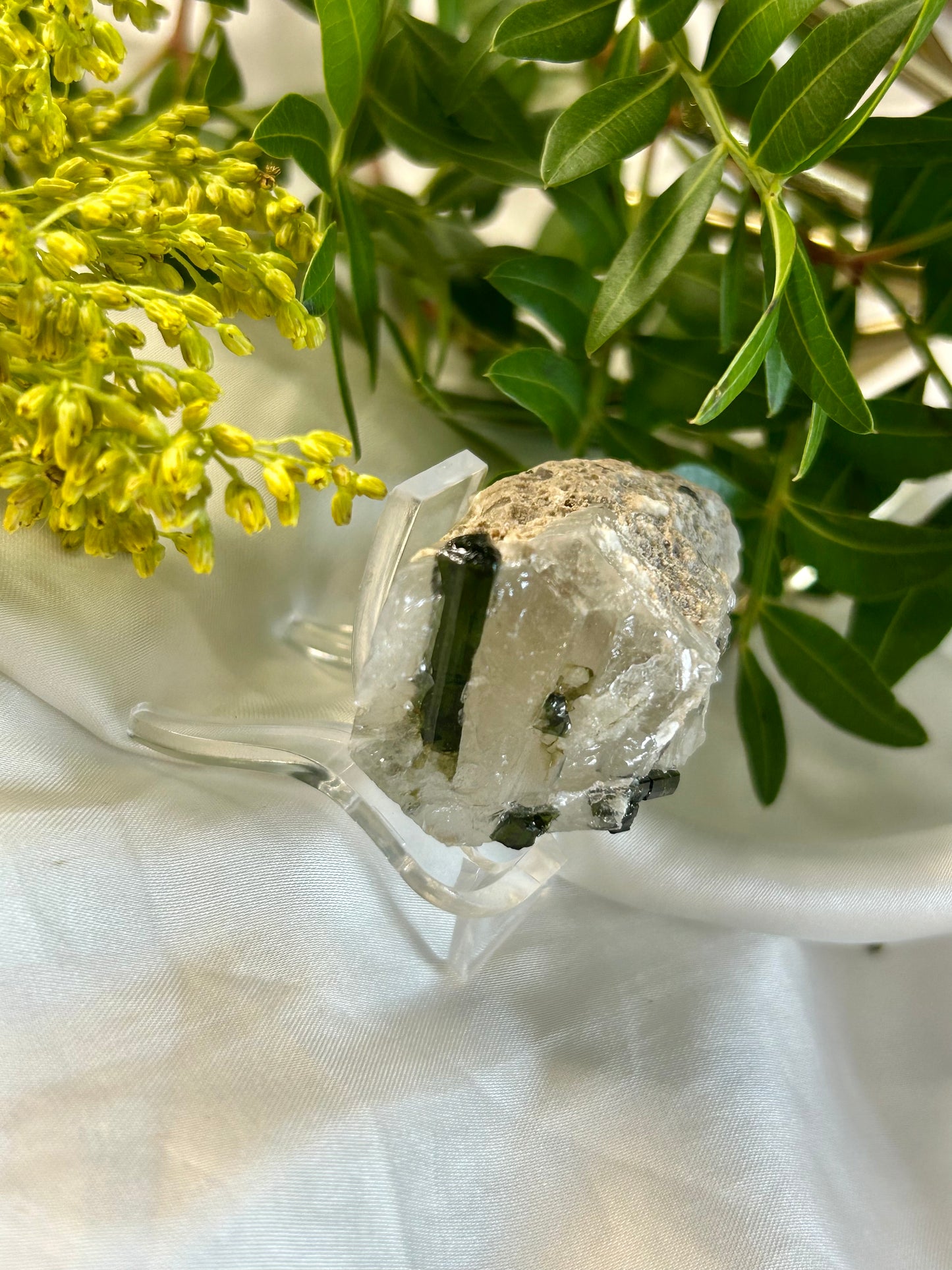 Green Tourmaline on Quartz matrix