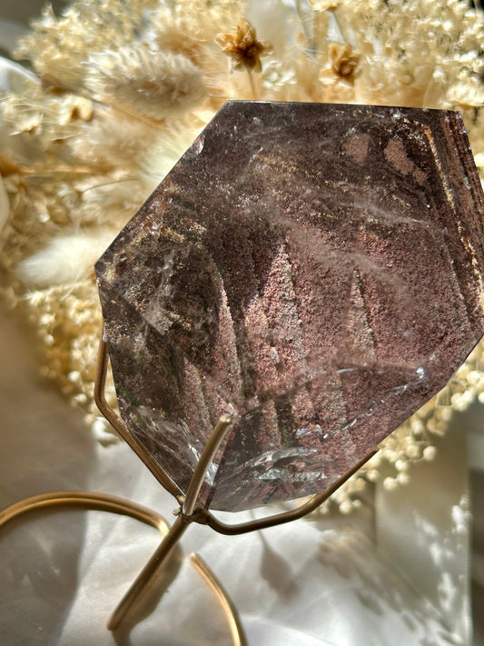 Large semi polished Lodolite on gold display stand