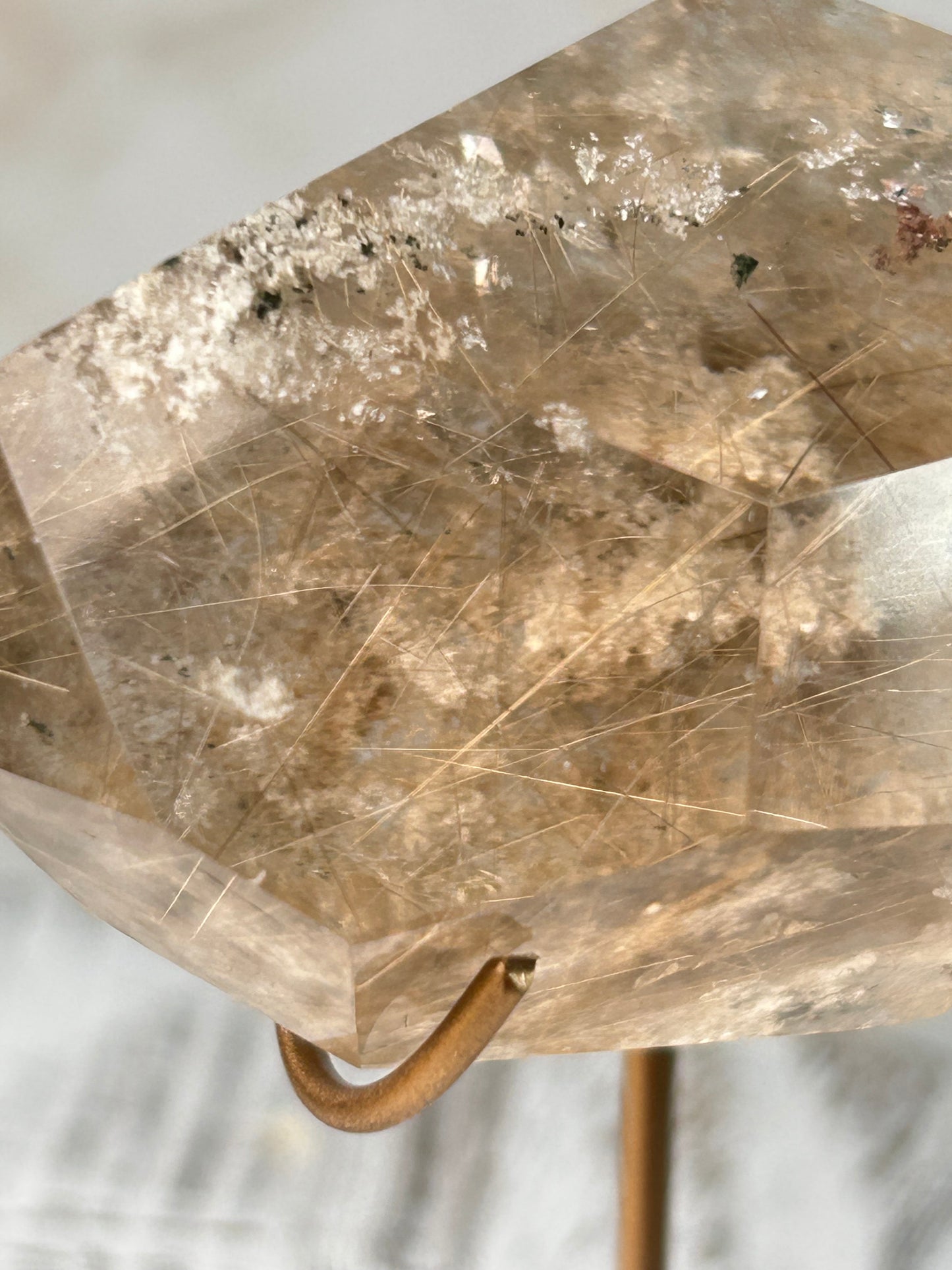 Rutilated and Lodolite Quartz Freeform on Gold Stand – High- Gold Threads