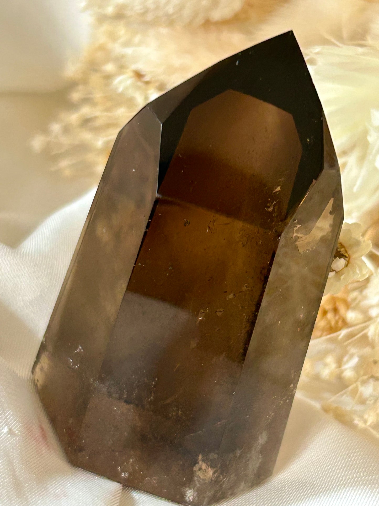 Smokey Quartz crystal with warm brown tones and soft clarity, standing upright on neutral background