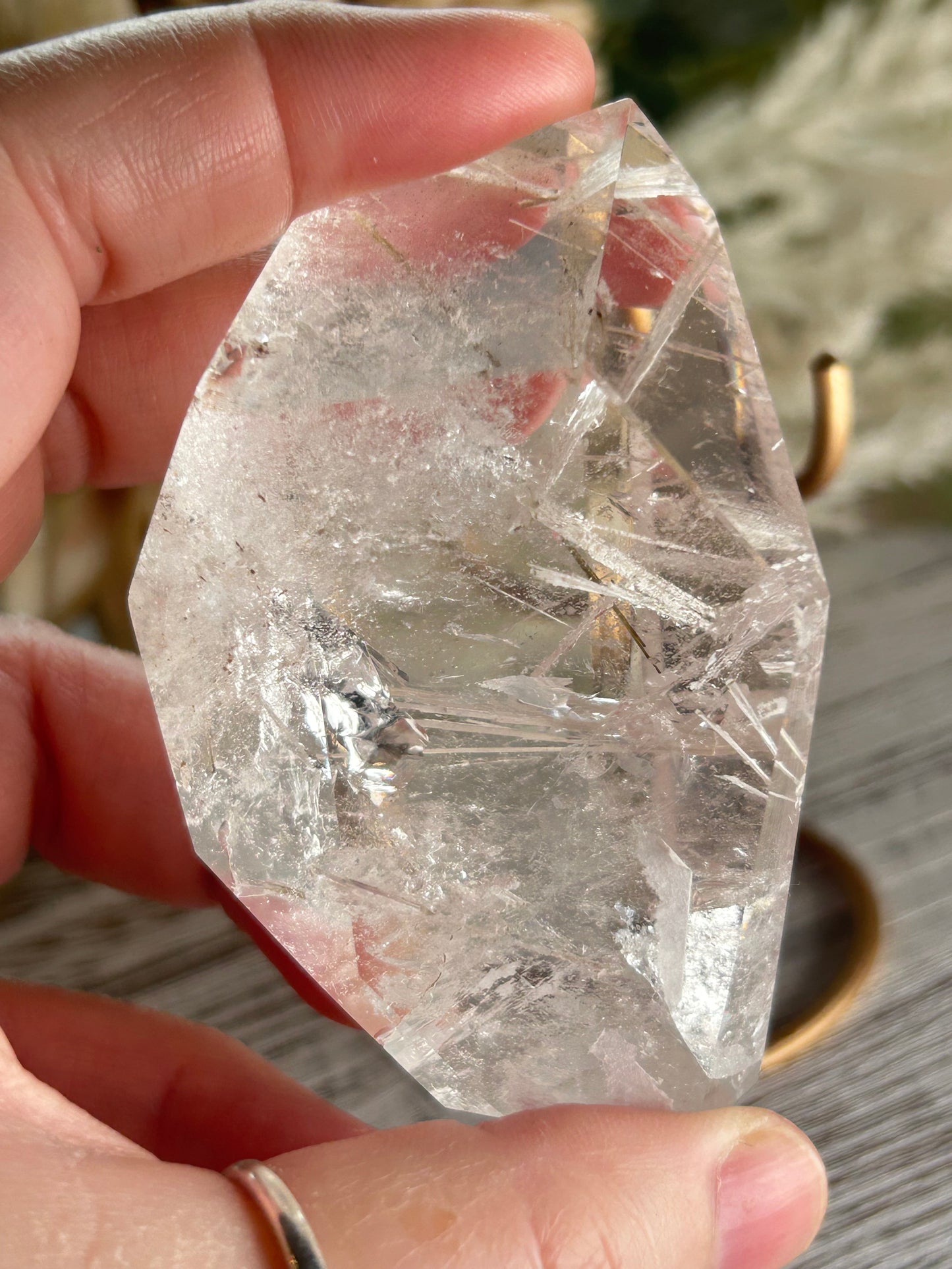 Rutilated Quartz Freeform with White & Silver Rutile and Green Tourmaline