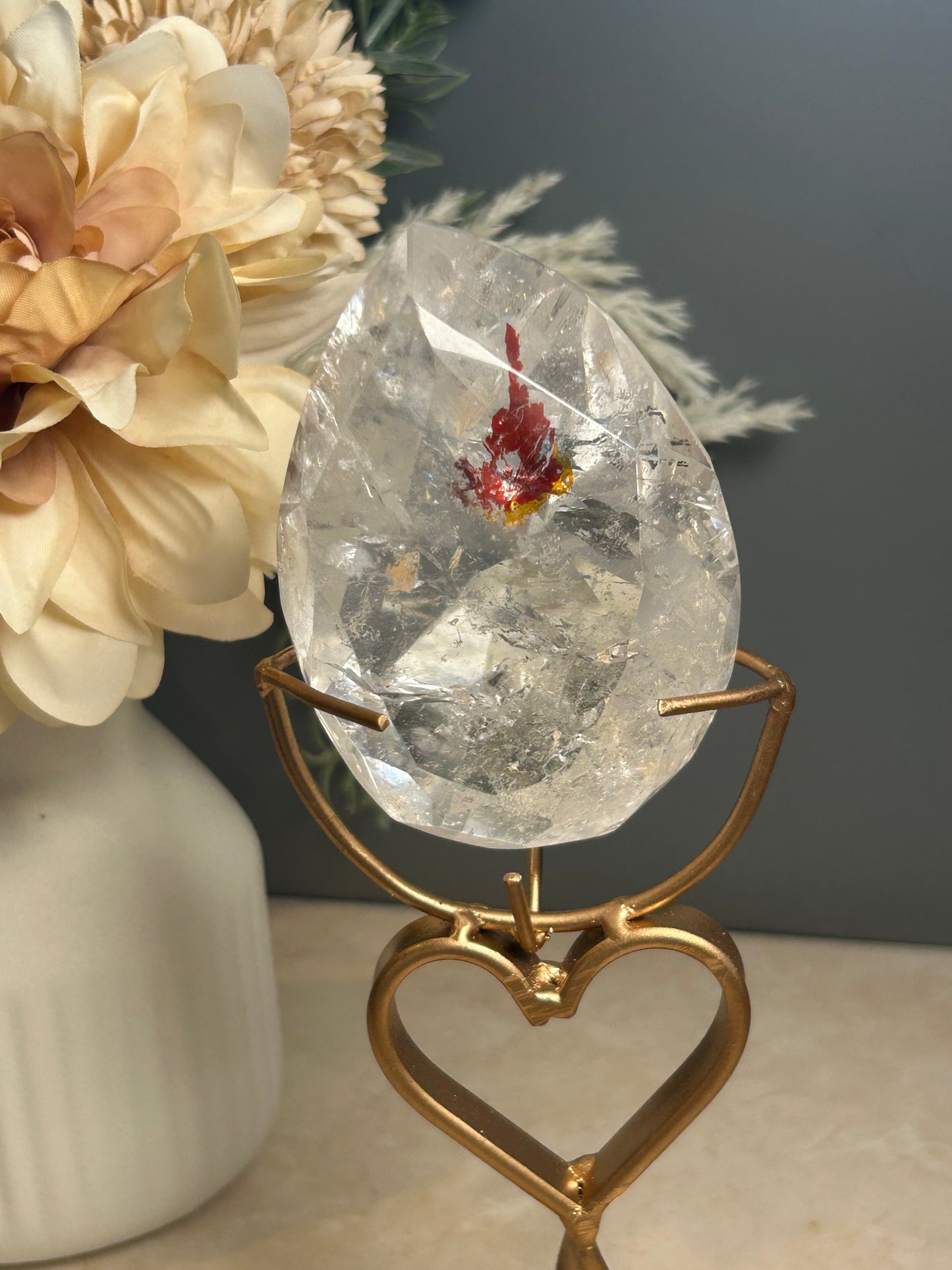 Faceted Clear Quartz Display Crystal on Custom Stand – Natural Quartz Piece - Iron “Butterfly” Inclusion