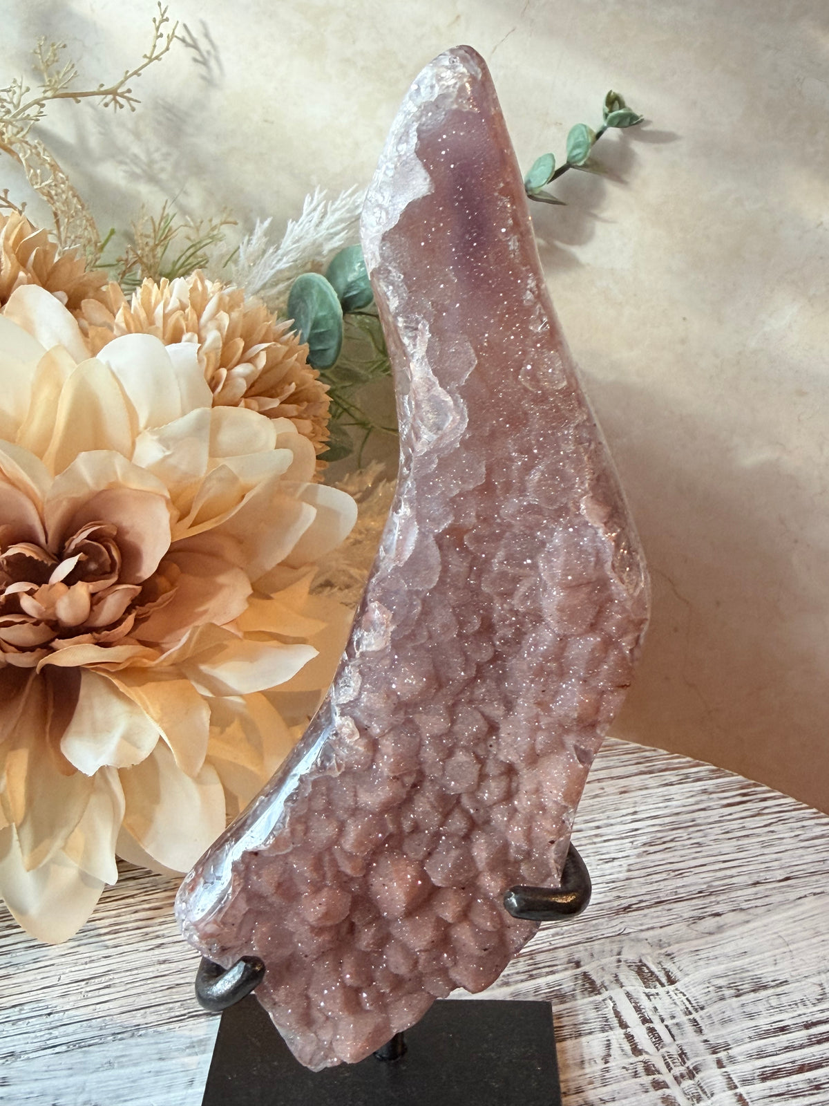 Pink Rainbow Amethyst with sparkling druzy crystal formations and custom metal display stand.
