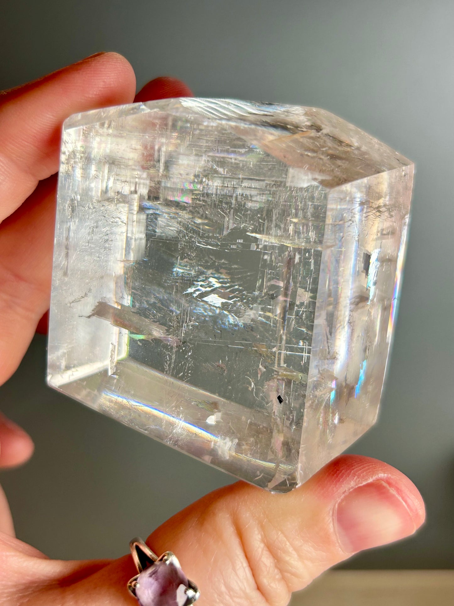 Optical Calcite Cube — Clear Iceland Spar Crystal | Rainbow Flashes